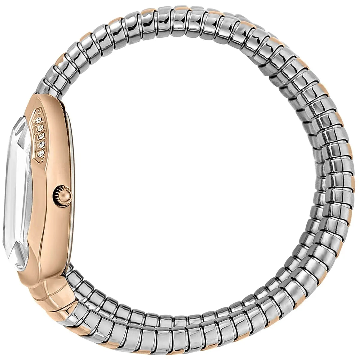 Just Cavalli Serpente watch side view displaying segmented two-tone stainless steel bracelet