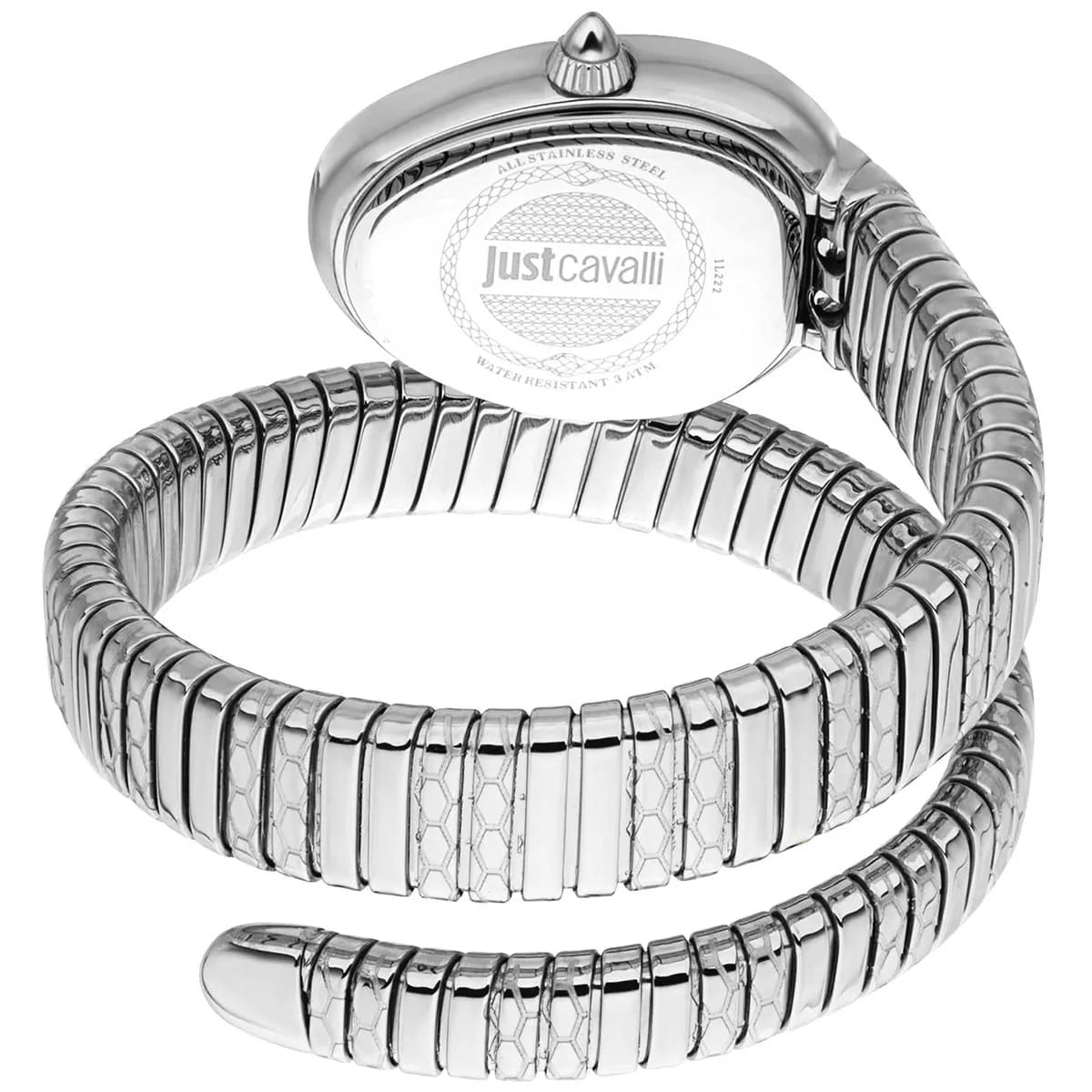 Just Cavalli Aversa watch caseback showing stainless steel double-wrap snake bracelet