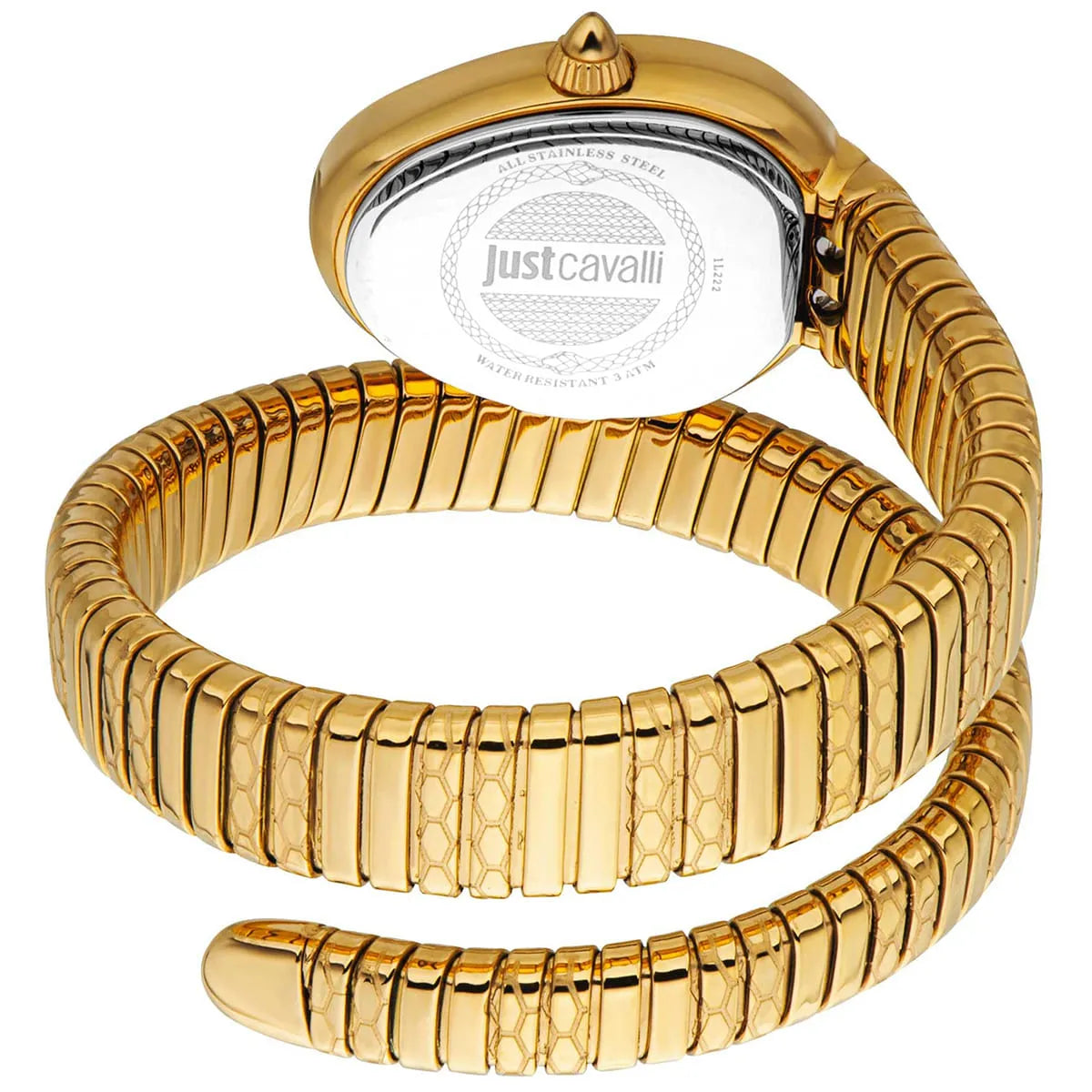 Just Cavalli watch caseback showing engraved logo and gold snake-wrap bracelet detail