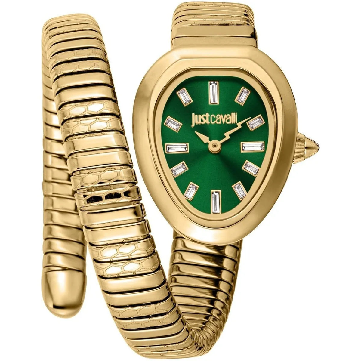 Just Cavalli Aversa women's watch with green dial, gold case, and snake-style double wrap gold strap