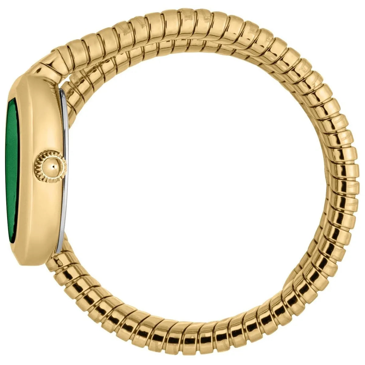 Just Cavalli Aversa watch side view displaying green dial and segmented gold snake strap