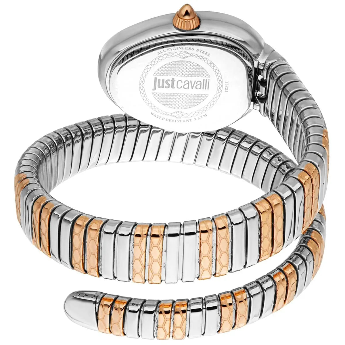 Case back view of Just Cavalli Aversa watch showing snake-link double wrap bracelet design