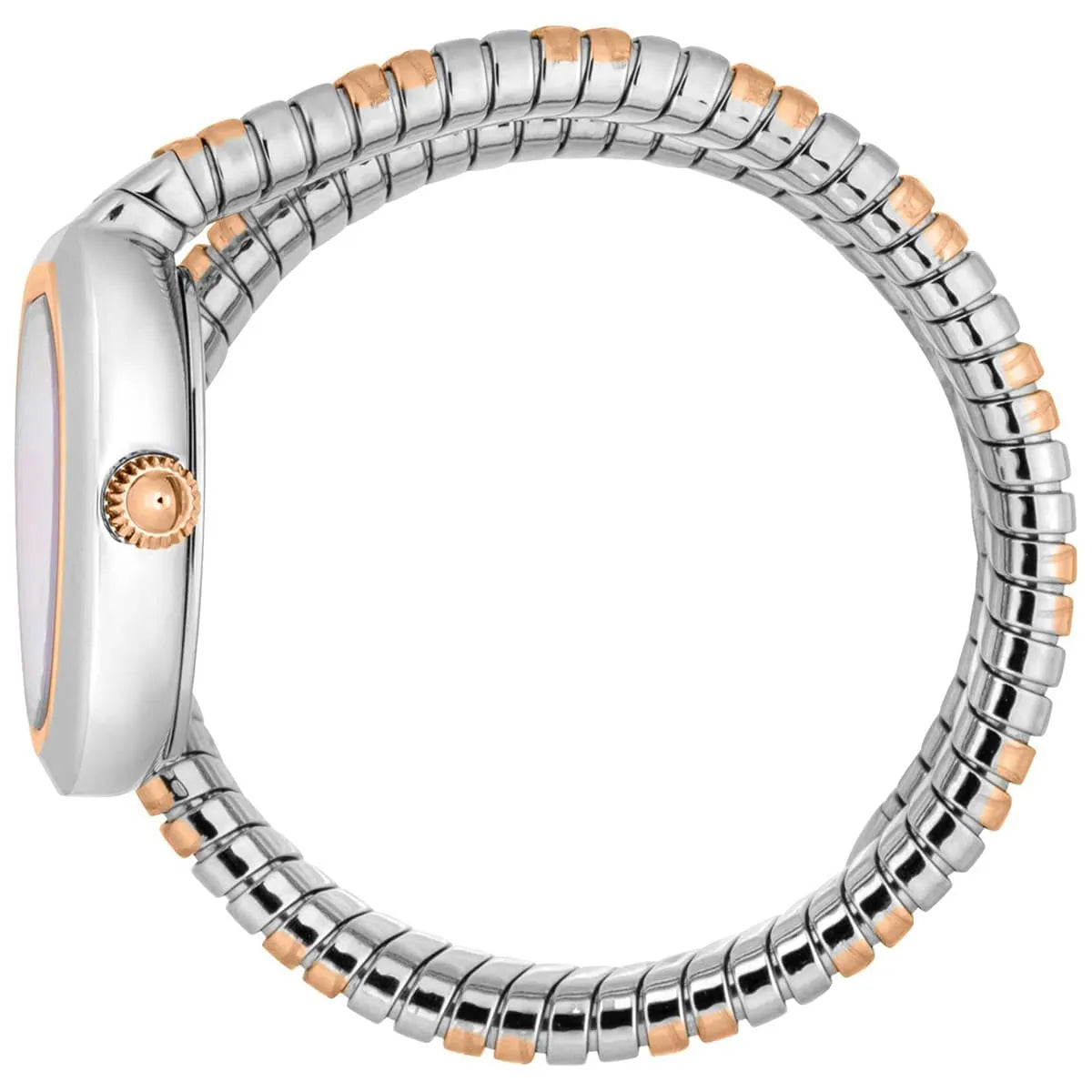 Side profile of Just Cavalli Aversa watch with two-tone stainless steel snake-link bracelet