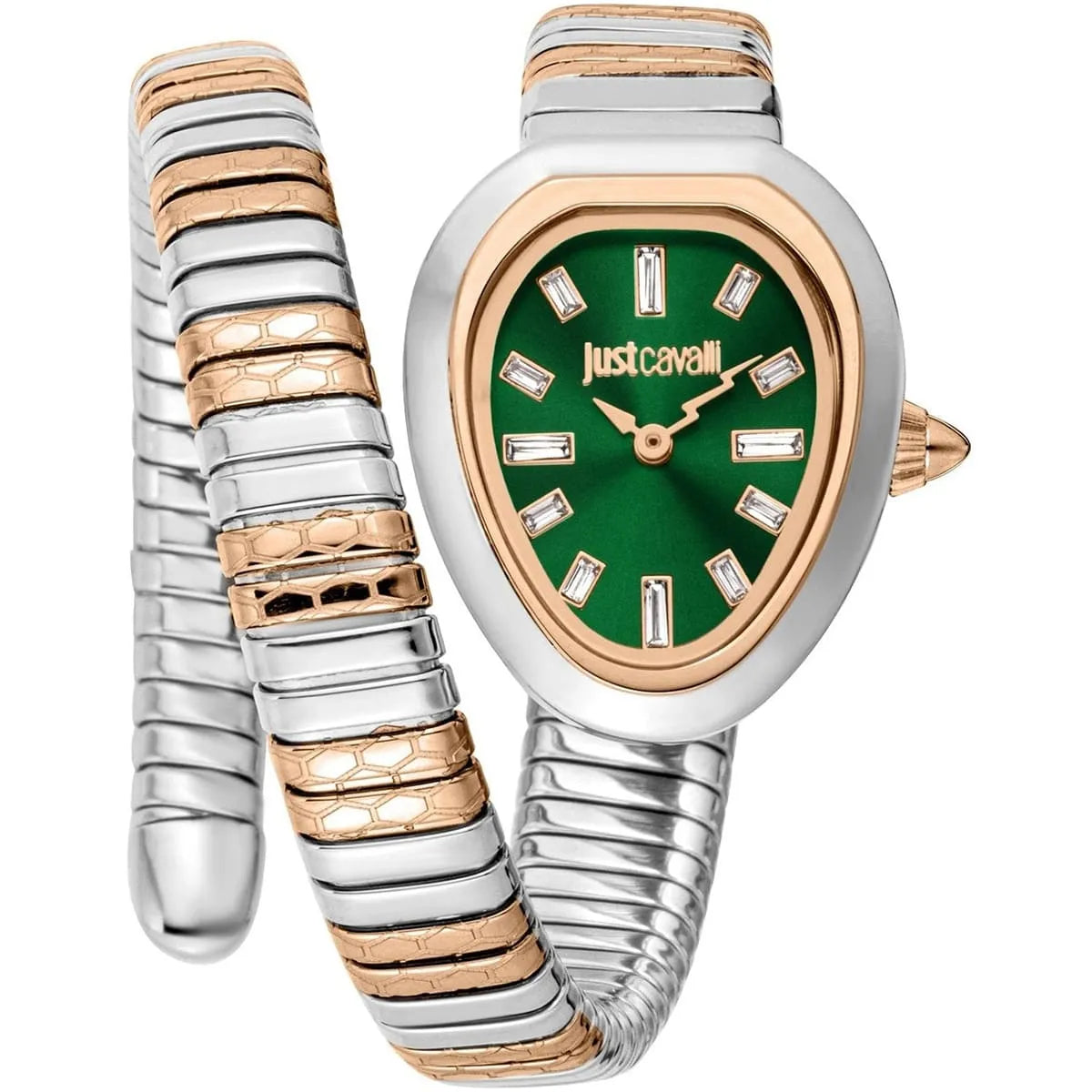 Just Cavalli Aversa women's watch with green dial, rose gold and silver two-tone stainless steel double-wrap bracelet