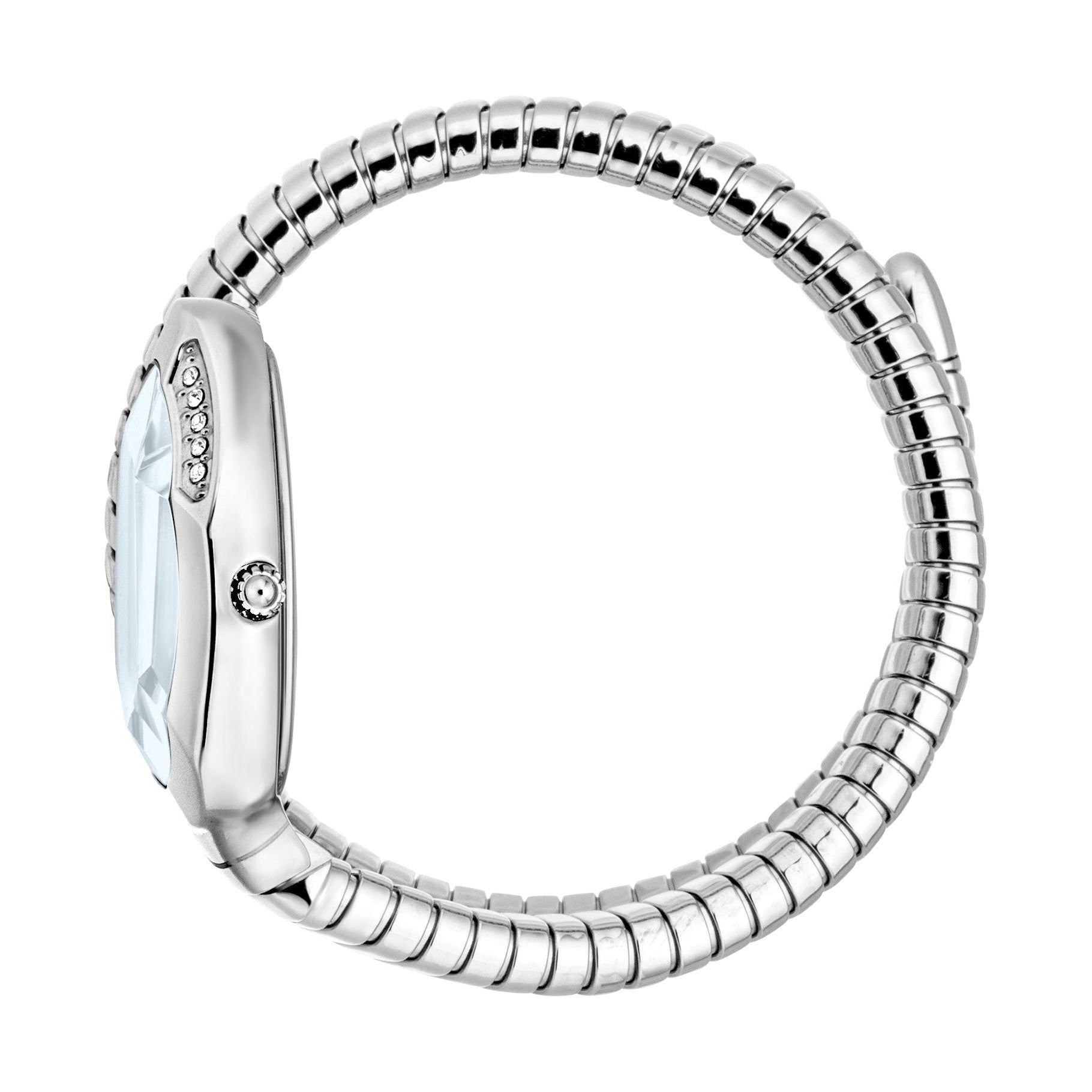 Side view of Just Cavalli watch showing oval case and spiral bracelet