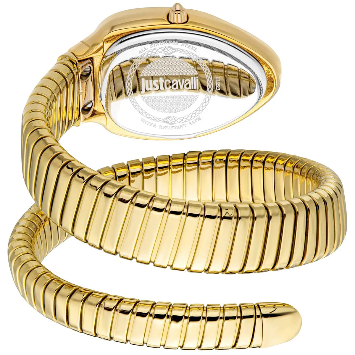 Gold snake-design bracelet detail showing segmented links and oval case of the Just Cavalli Taglio Solo watch