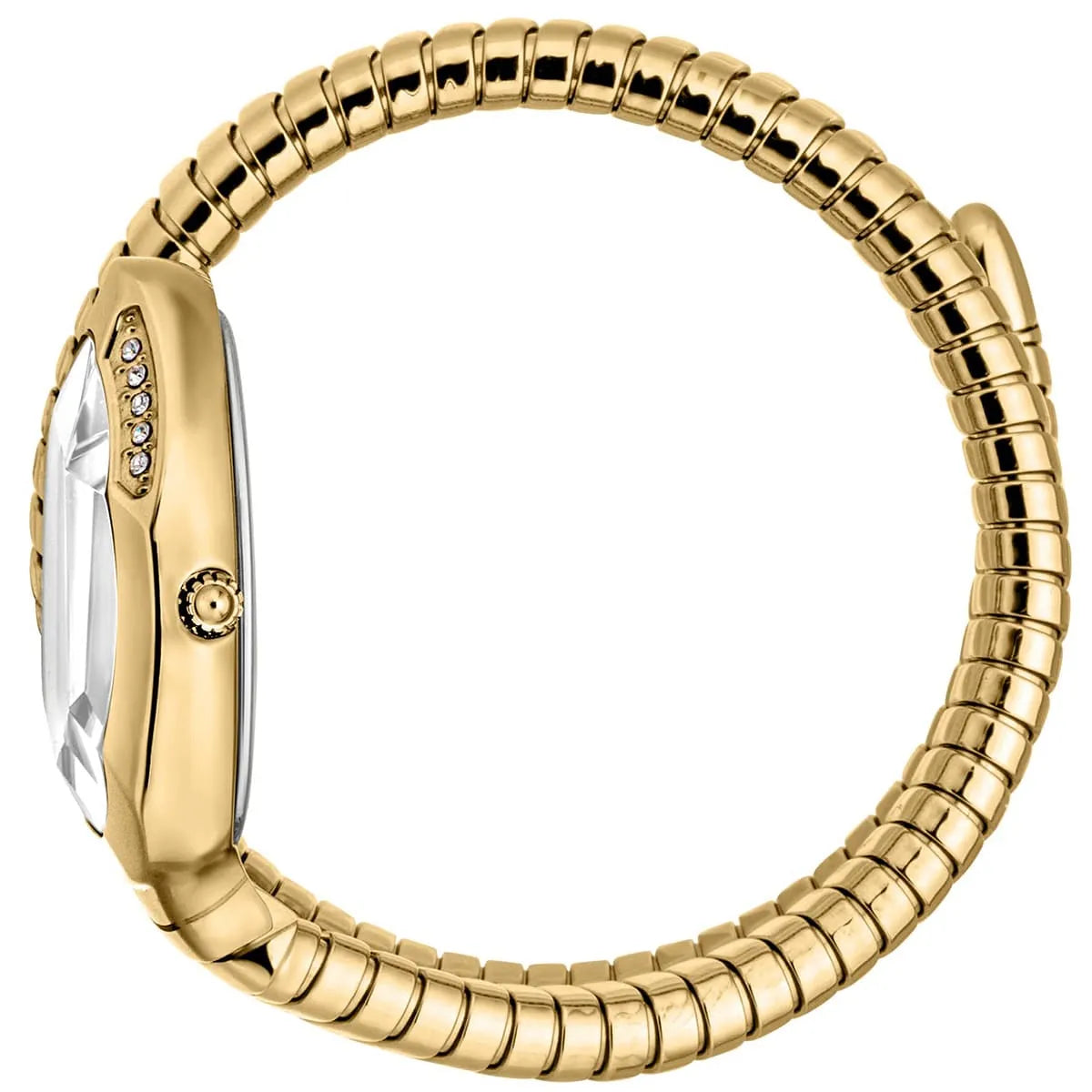 Side view of Just Cavalli Snake Taglio Solo watch with gold snake bracelet and crystal-set bezel