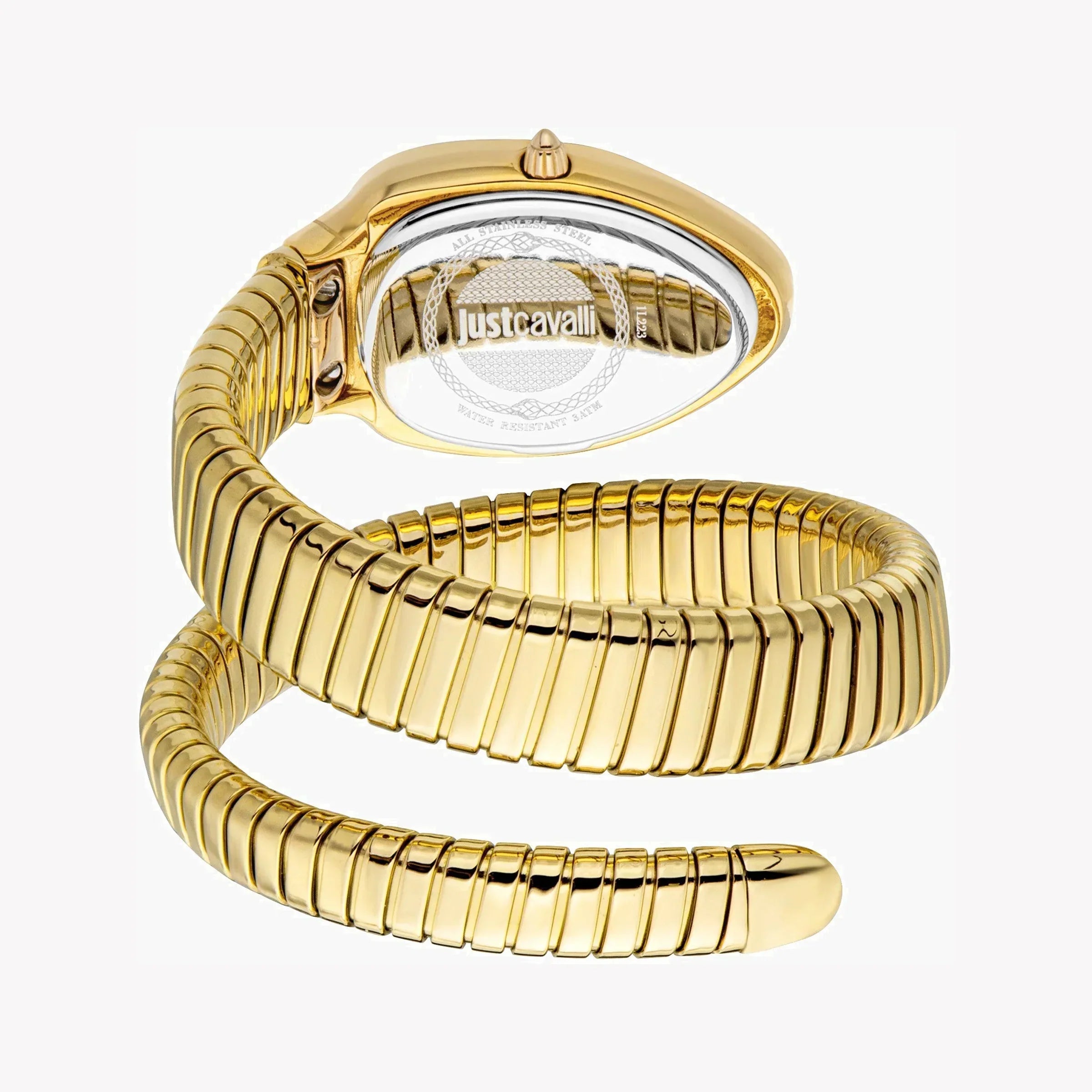 Just Cavalli Taglio Solo watch caseback and flexible wrapped snake bracelet detail