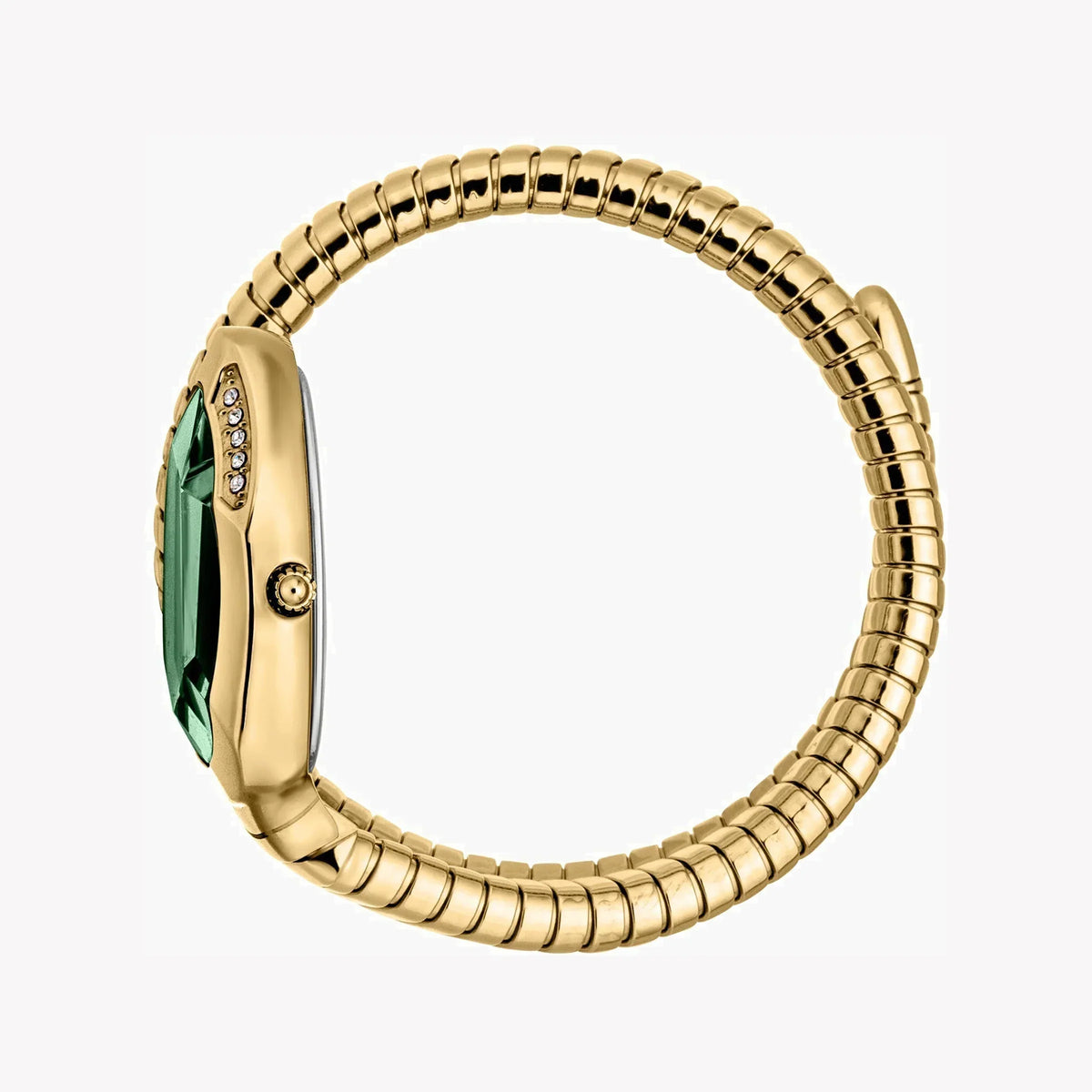 Side view of Just Cavalli Taglio Solo watch showing flexible snake bracelet and case profile