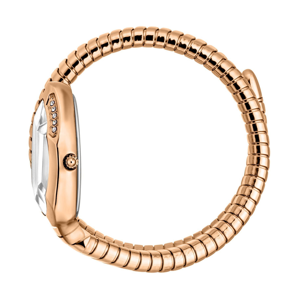 Just Cavalli Taglio Solo watch displayed side view showing rose gold coiled bracelet