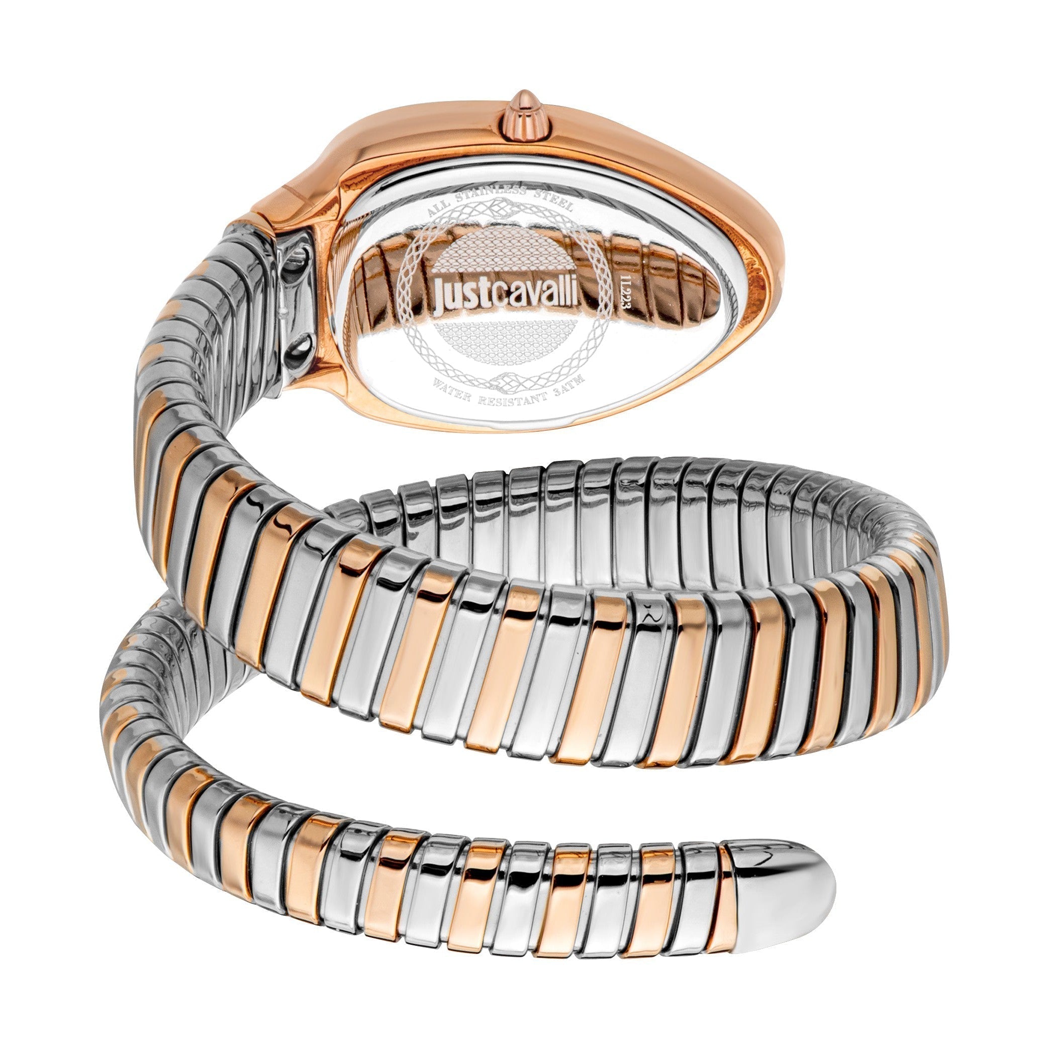 Angled view of Just Cavalli women's watch displaying white quilted dial and dual-tone spiral bracelet