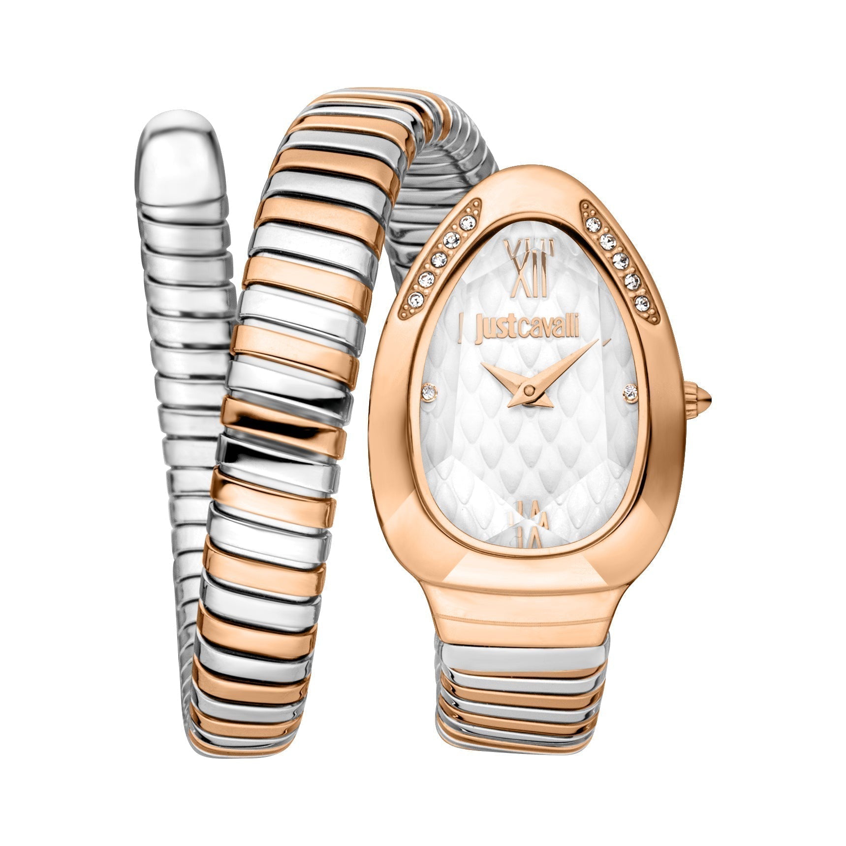 Just Cavalli two-tone stainless steel women's watch with silver and rose gold case and matching bracelet strap