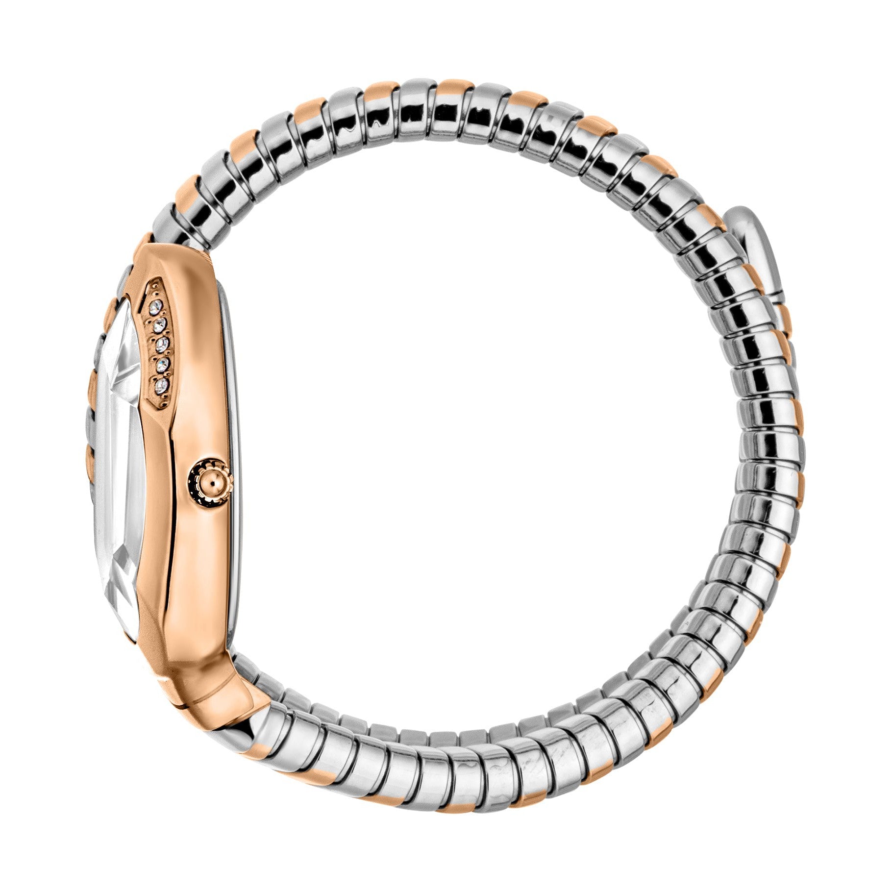 Side view of Just Cavalli watch showing oval rose gold case and silver-rose gold expandable strap
