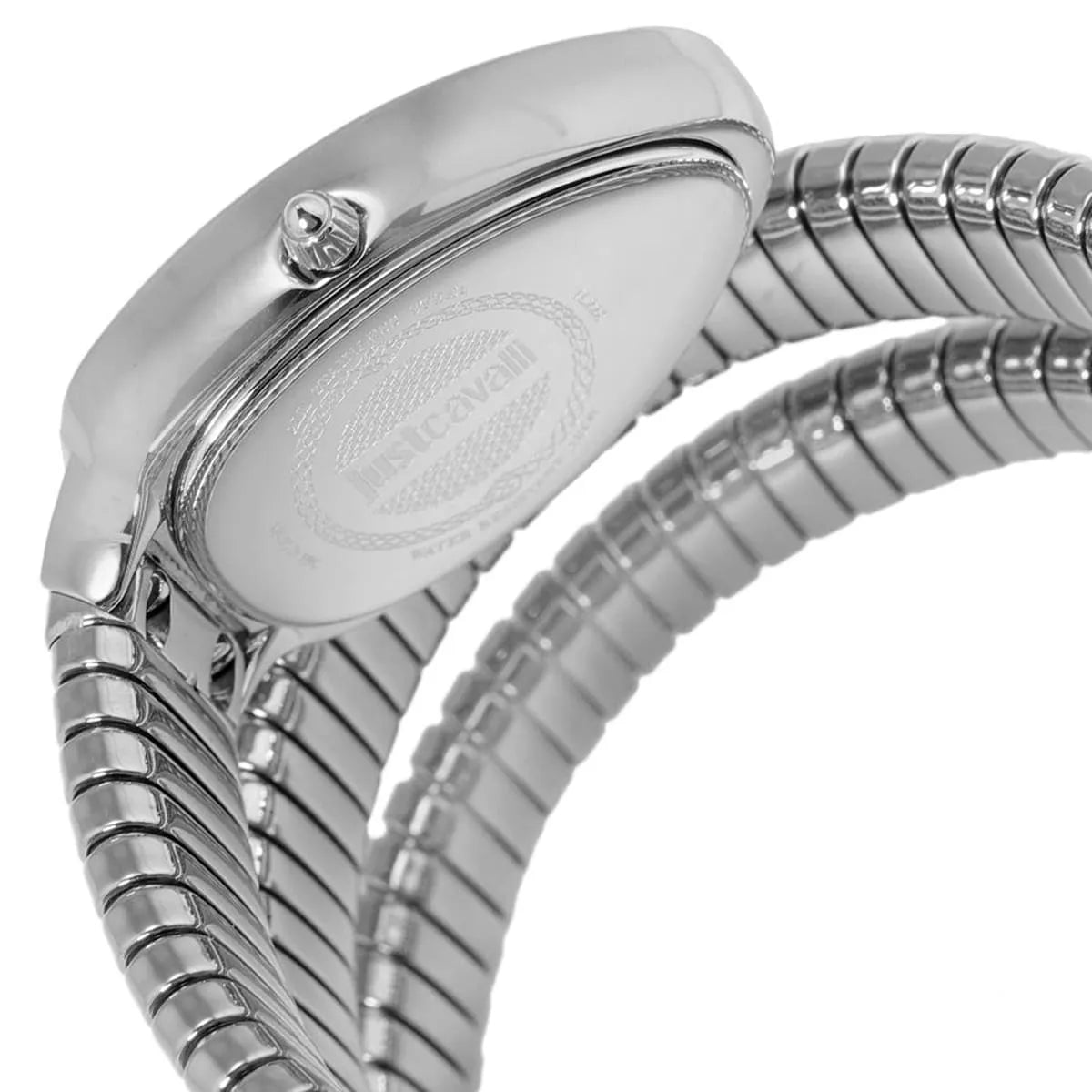 Just Cavalli watch caseback showing engraved branding with segmented snake-style bracelet wrapping