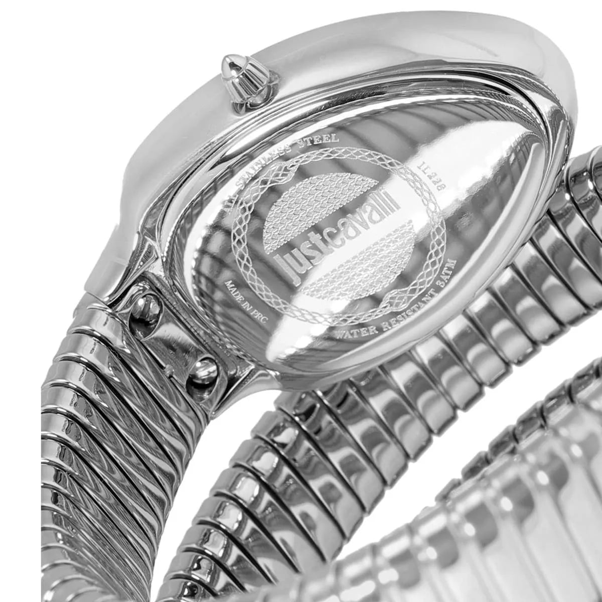 Just Cavalli JC1L224M0015 teardrop case with silver dial, crystal bezel, and wrapped snake bracelet