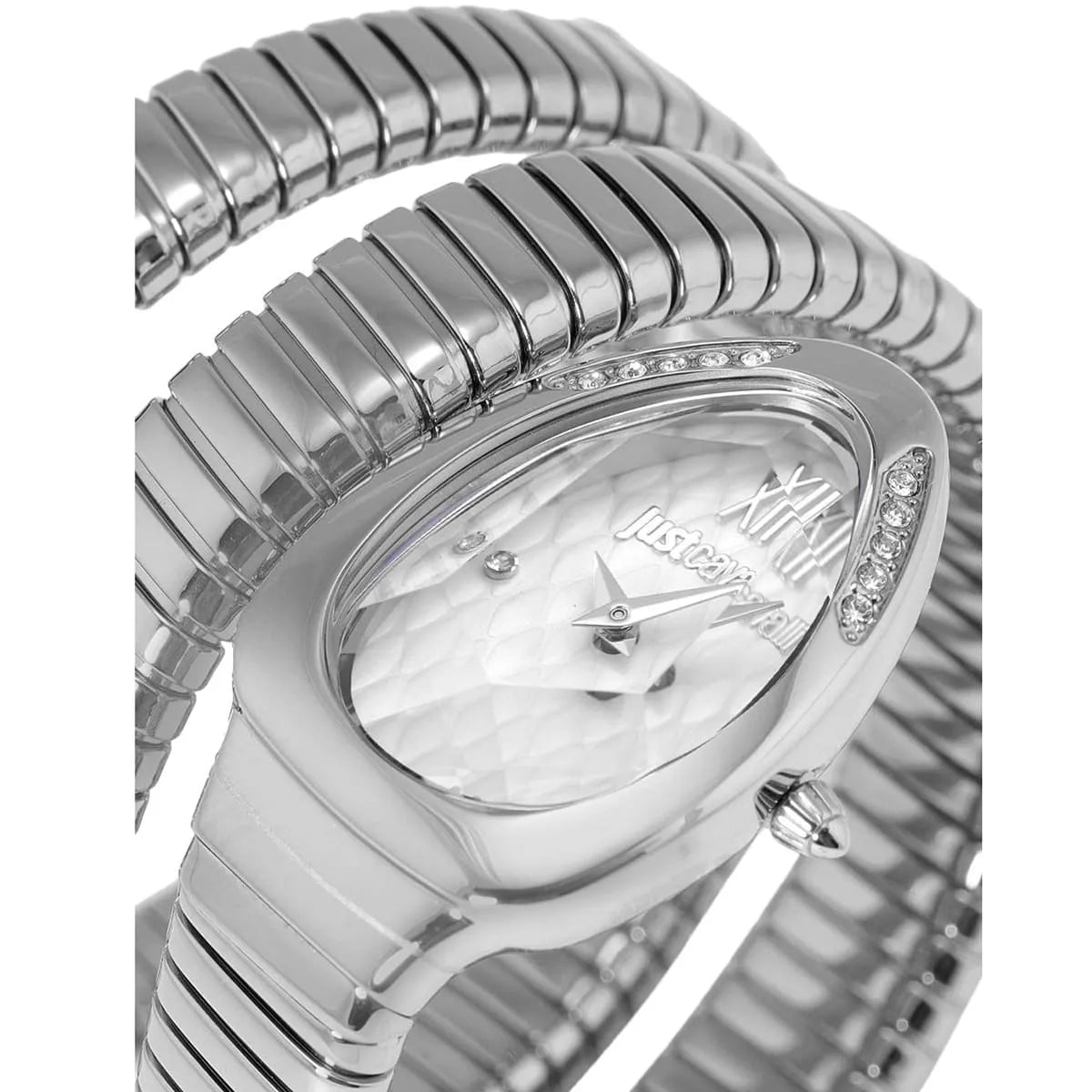 Close-up of Just Cavalli watch dial with Roman numerals, snake bracelet detail, and crystal bezel accents