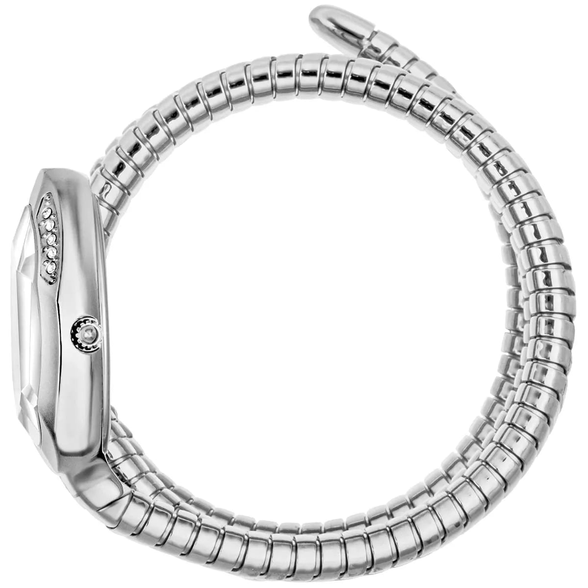 Side view of Just Cavalli JC1L224M0015 watch with segmented snake bracelet design and case profile