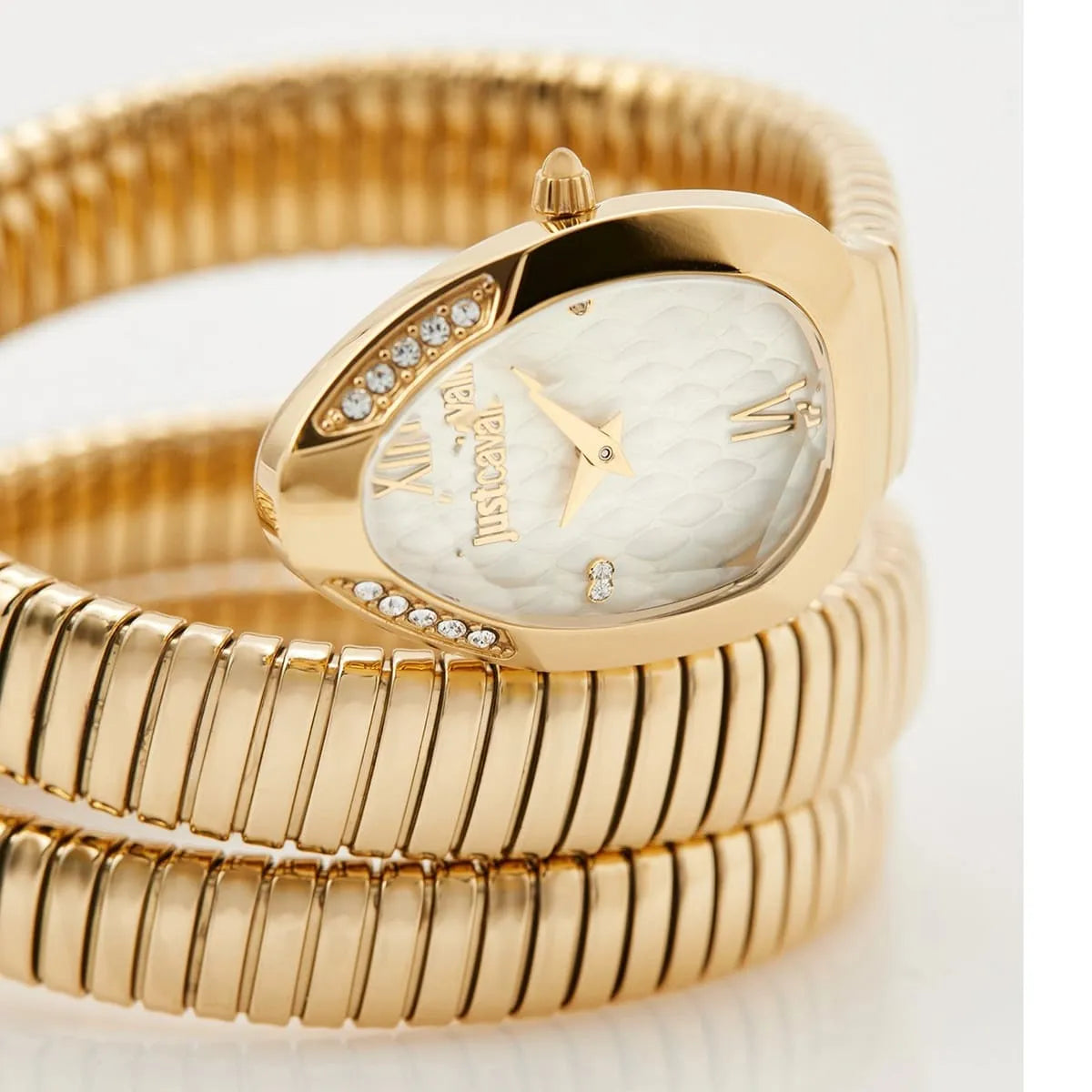 Just Cavalli Snake watch dial detail with silver face, gold numerals, and crystal accents