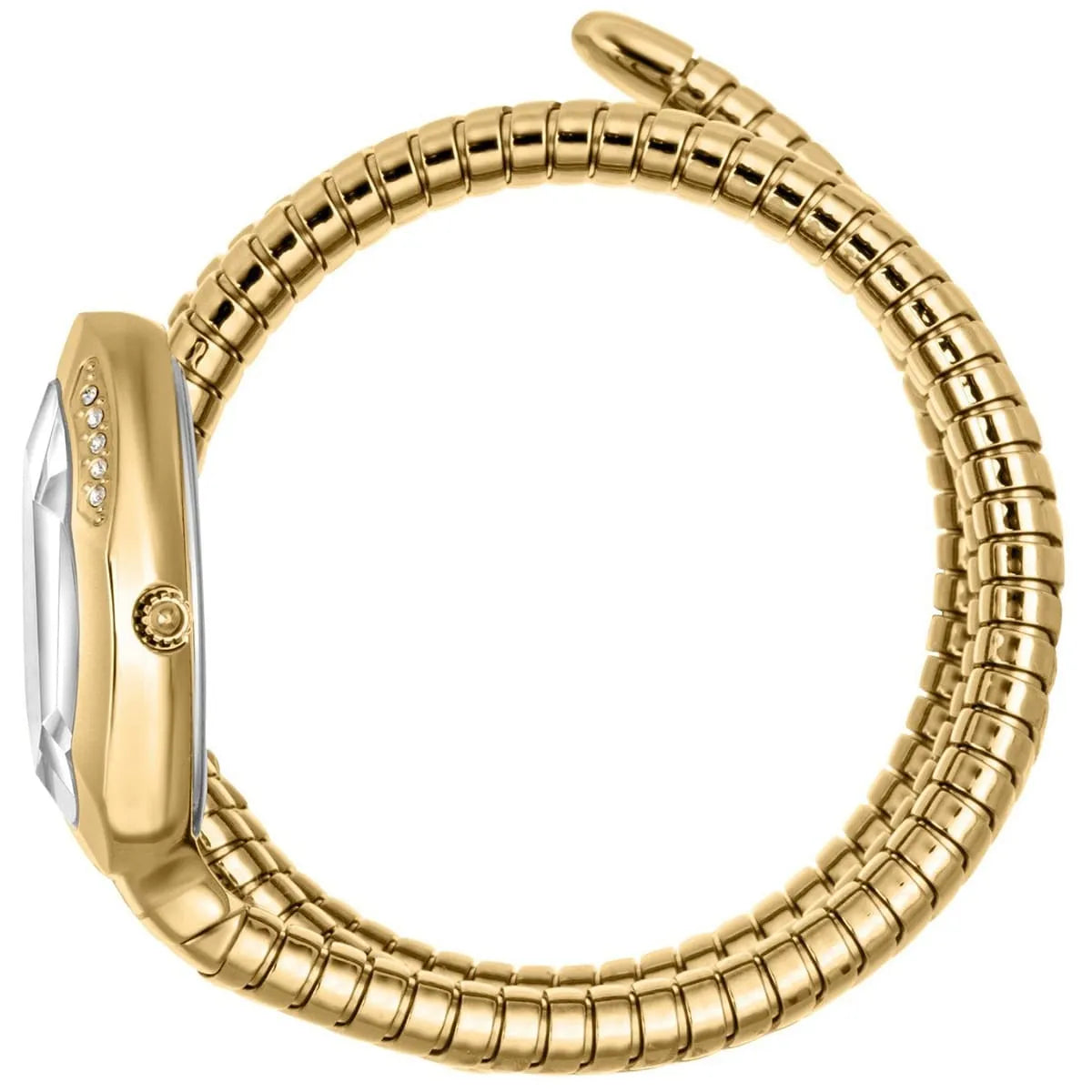 Just Cavalli Snake gold watch side view with oval case and triple-wrap strap