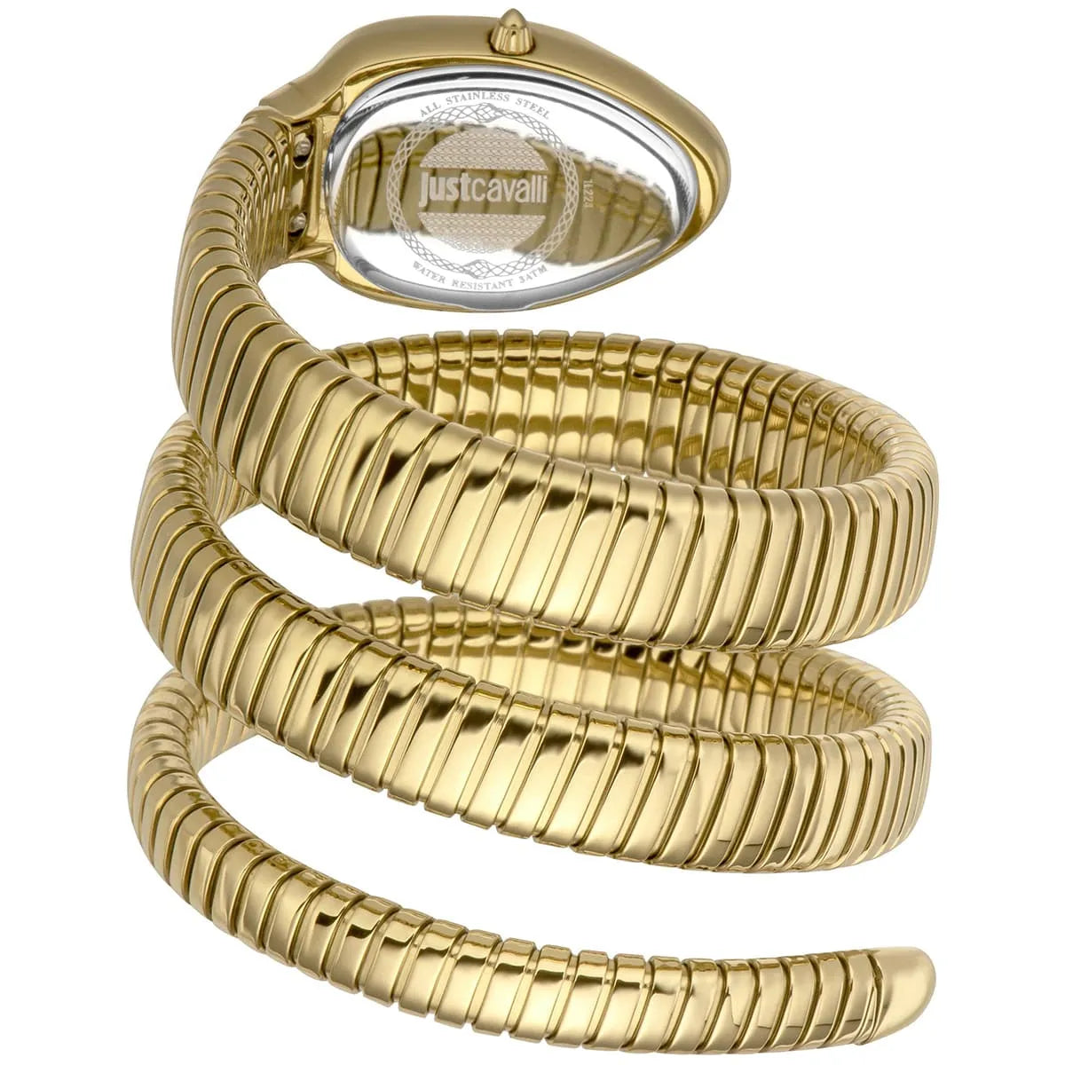 Just Cavalli Serpente watch worn on wrist showing triple-wrap serpent band design