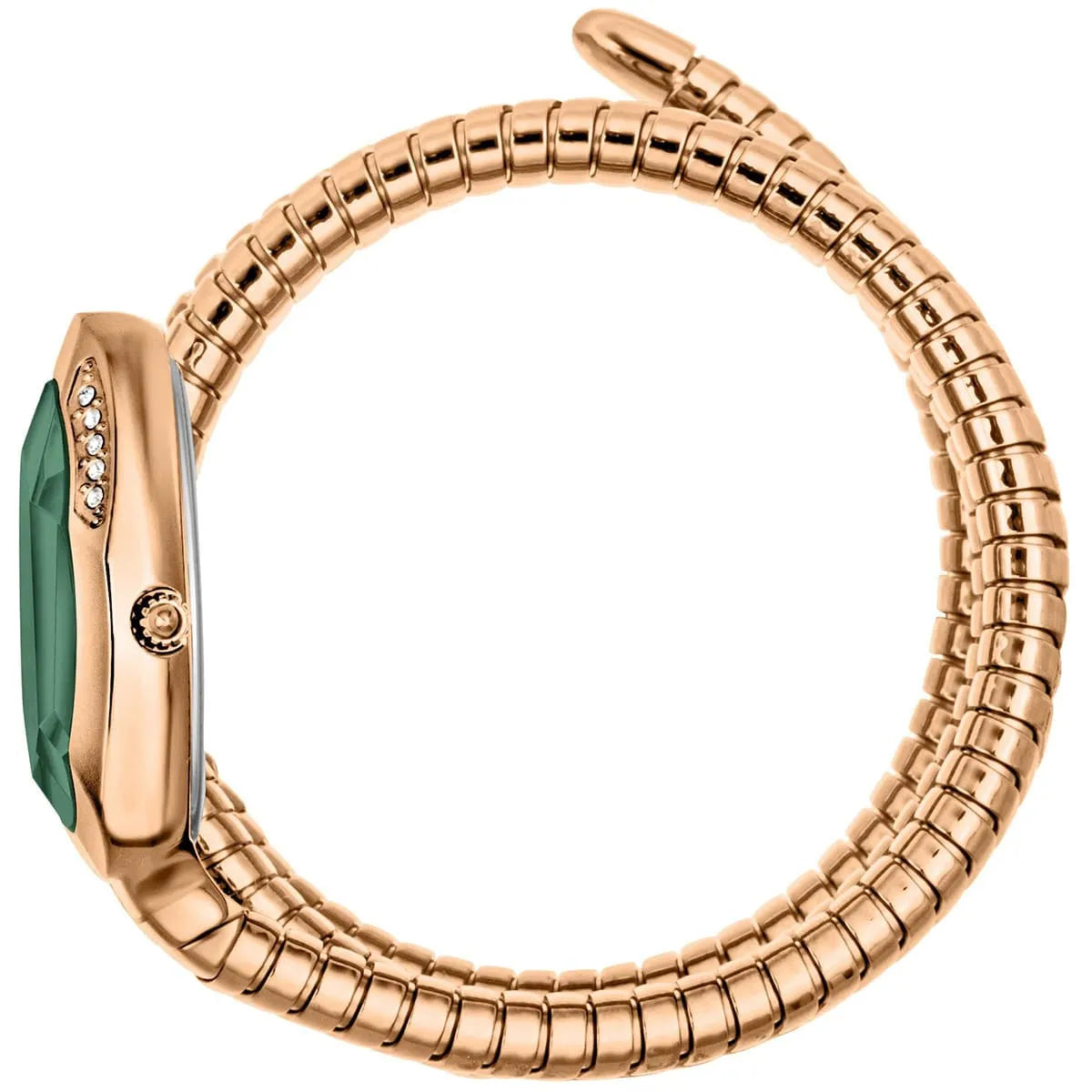Side view of Just Cavalli Glam Evo 9 with green dial and rose gold snake bracelet