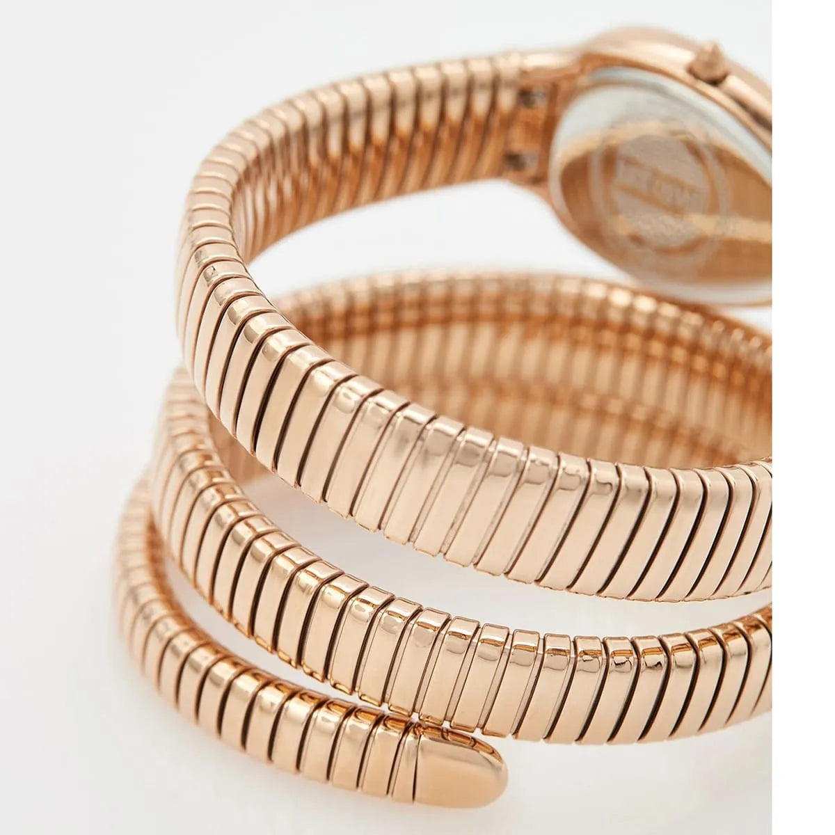 Detailed view of Just Cavalli triple-wrap rose gold snake-textured strap