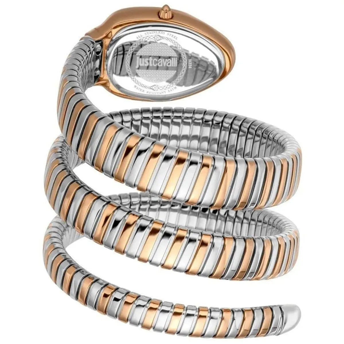 Just Cavalli Glam Evo 9 watch with spiral snake strap and rose gold case detail