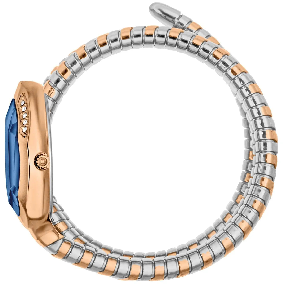 Side view of Just Cavalli JC1L224M0095 showing blue dial, rose gold case, and segmented two-tone strap