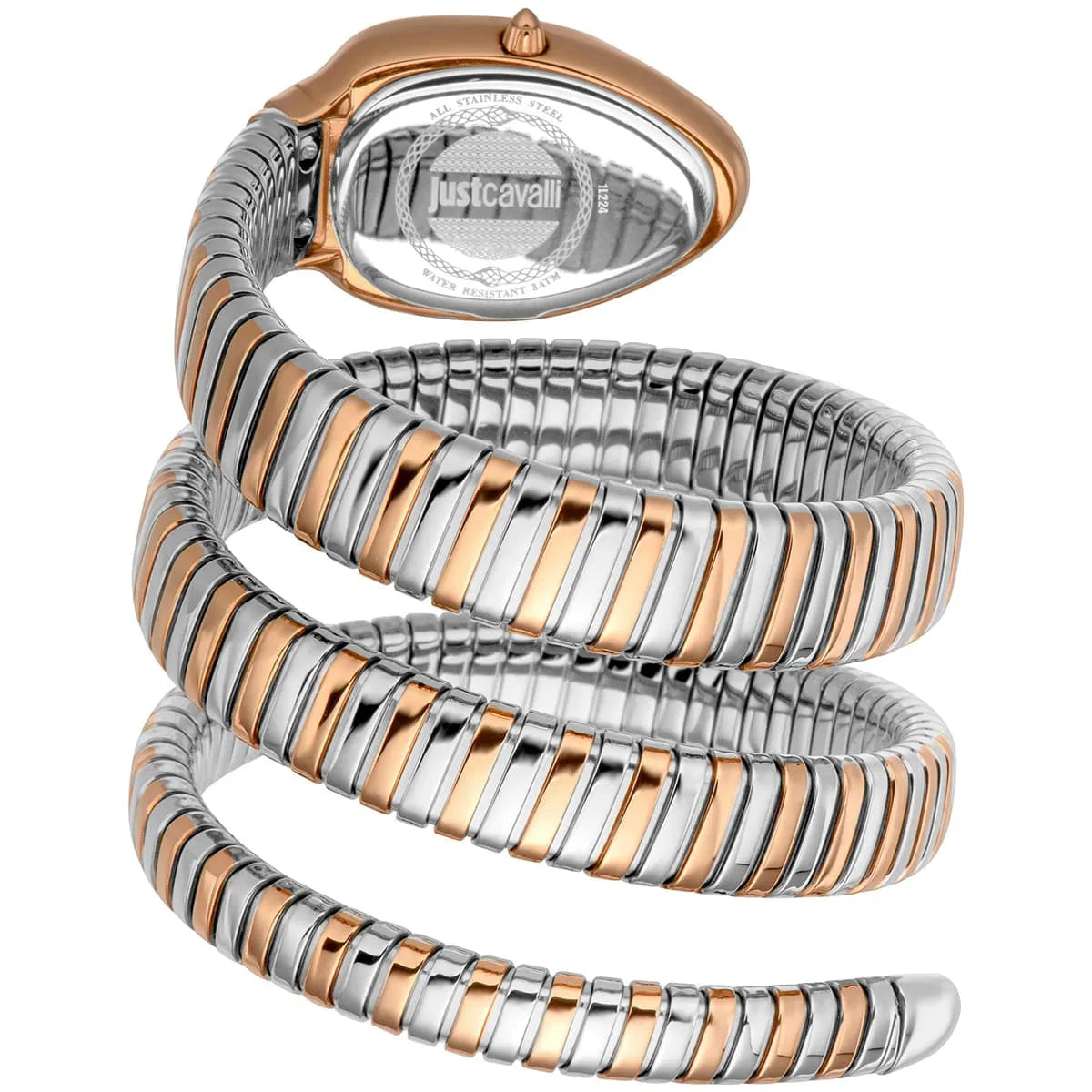 Just Cavalli snake wrap watch displaying triple-wrap stainless steel strap with rose gold and silver accents