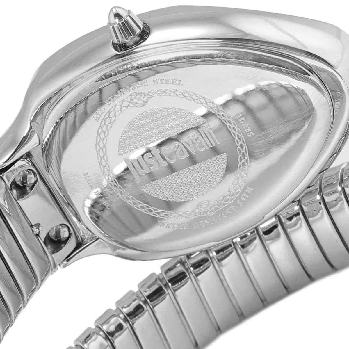 Just Cavalli Glam Evo case back detail showing stainless steel construction and brand engravings