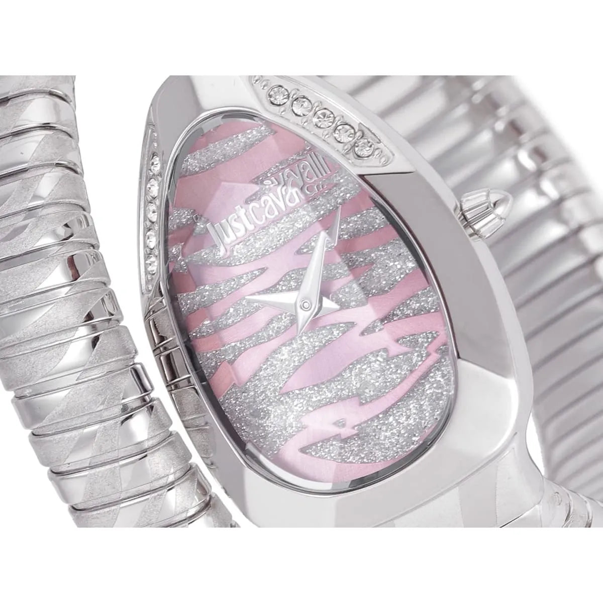 Close-up of Just Cavalli Glam Evo dial showing pink base with glitter and snake stripe pattern detail