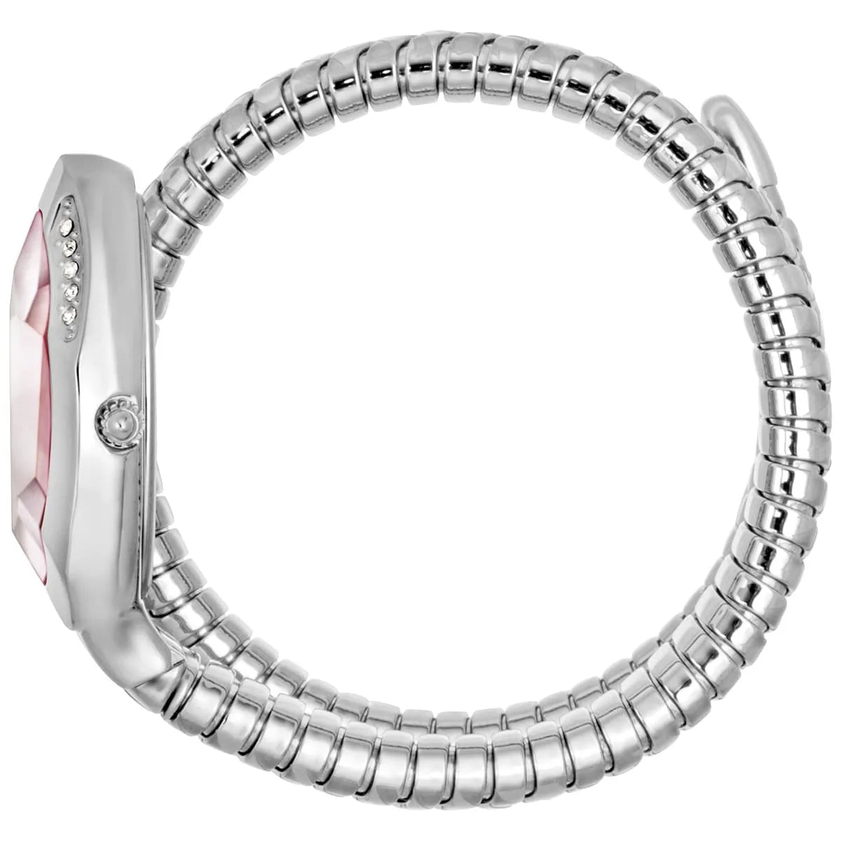 Just Cavalli Glam Evo women's watch worn on wrist displaying snake-wrap bracelet and side profile