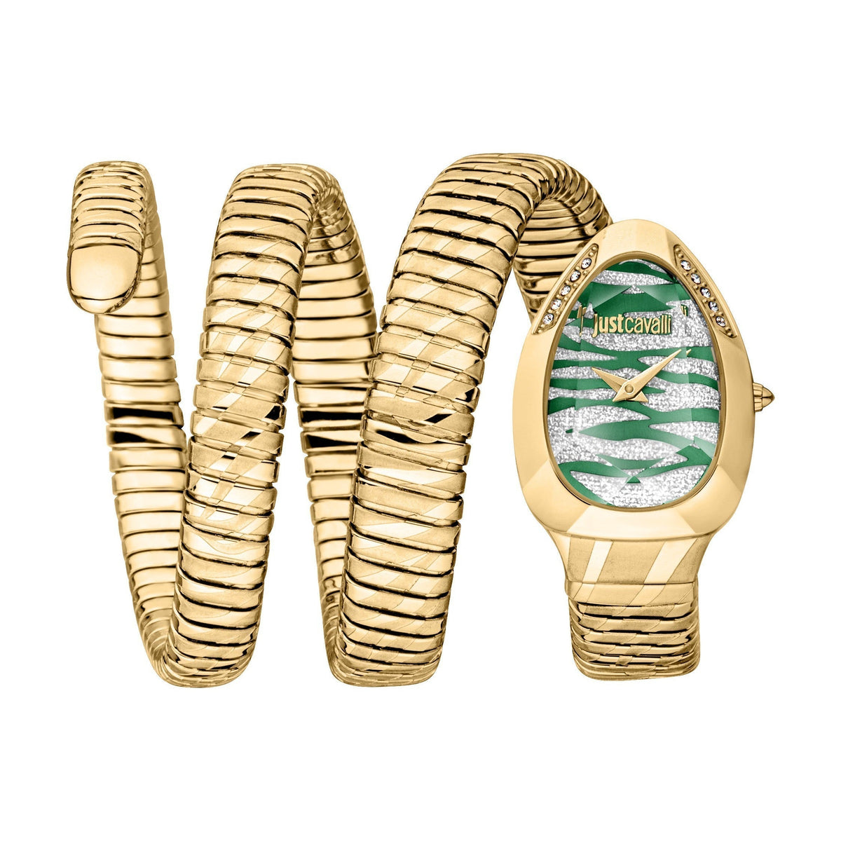 Just Cavalli Taglio women's watch with green striped dial, gold steel serpentine strap