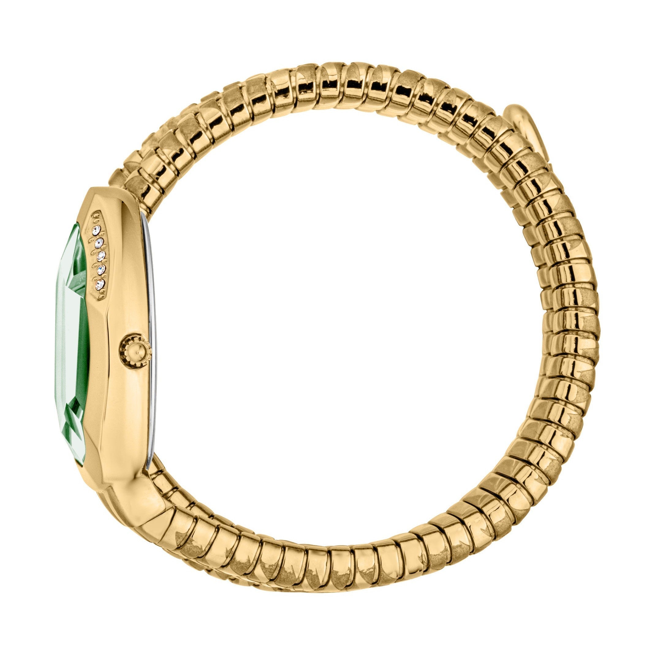 Side view of Just Cavalli Taglio watch with gold steel serpentine strap and green dial