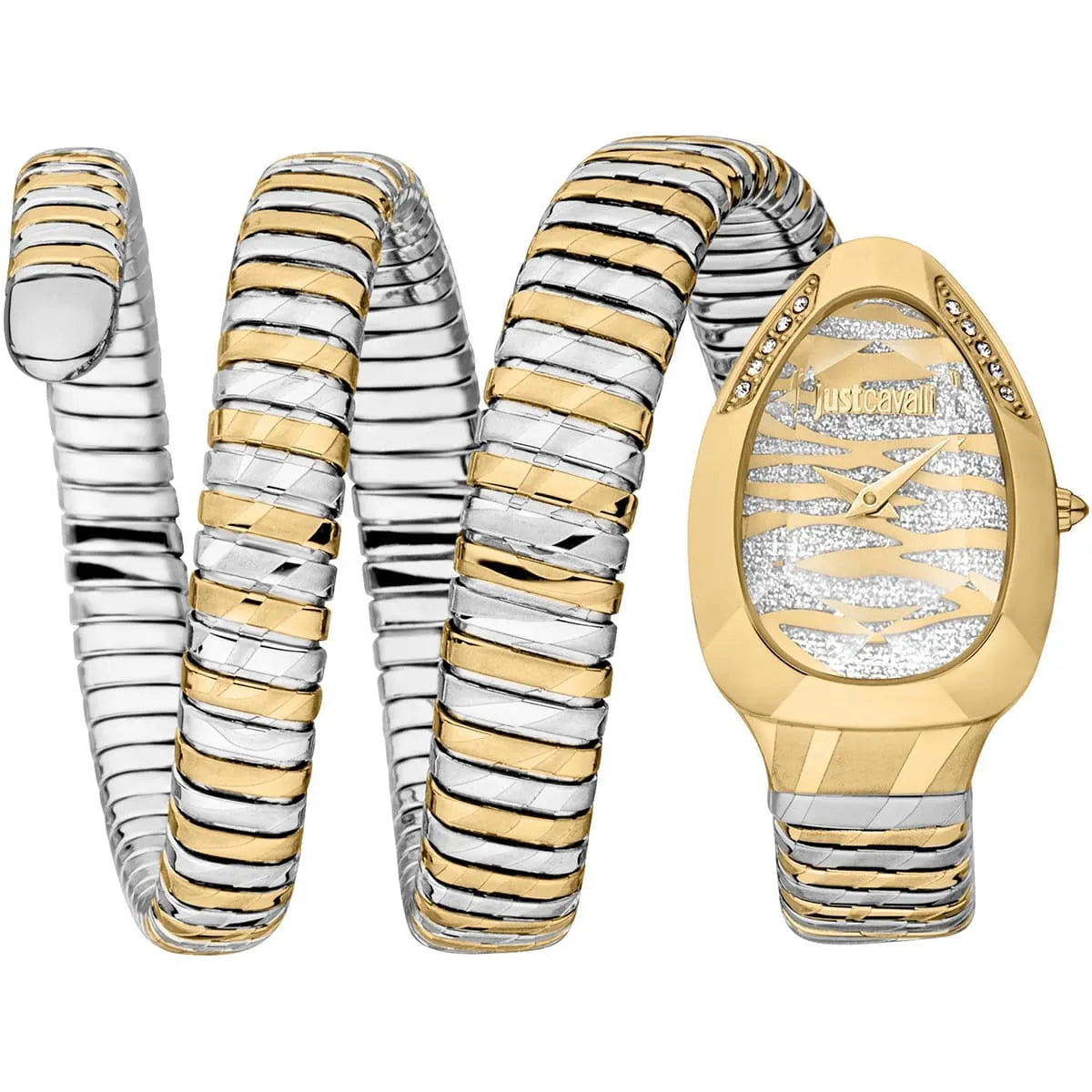 Just Cavalli Serpente Taglio two-tone watch with triple-wrap snake strap and crystal-studded gold dial