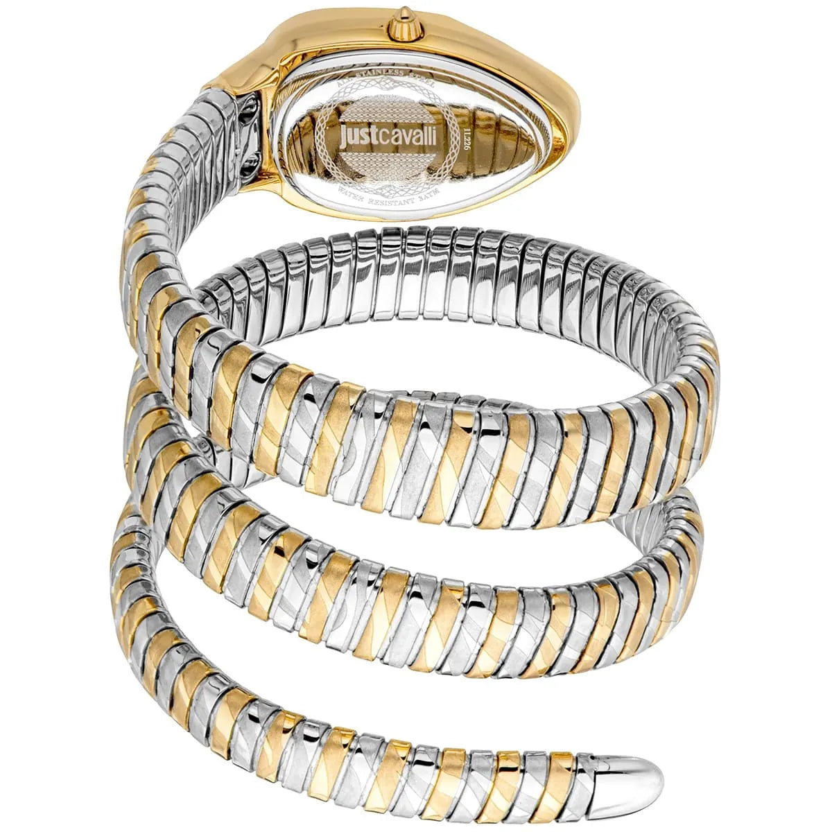 Just Cavalli Serpente Taglio worn on wrist showing wrapped snake-design strap and gold dial