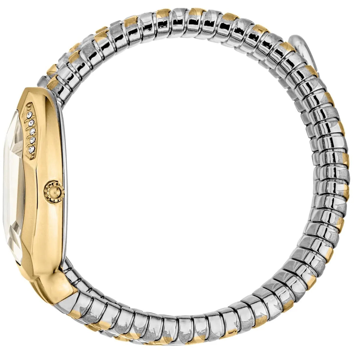 Just Cavalli Serpente Taglio side view of triple-wrap two-tone snake strap and gold case