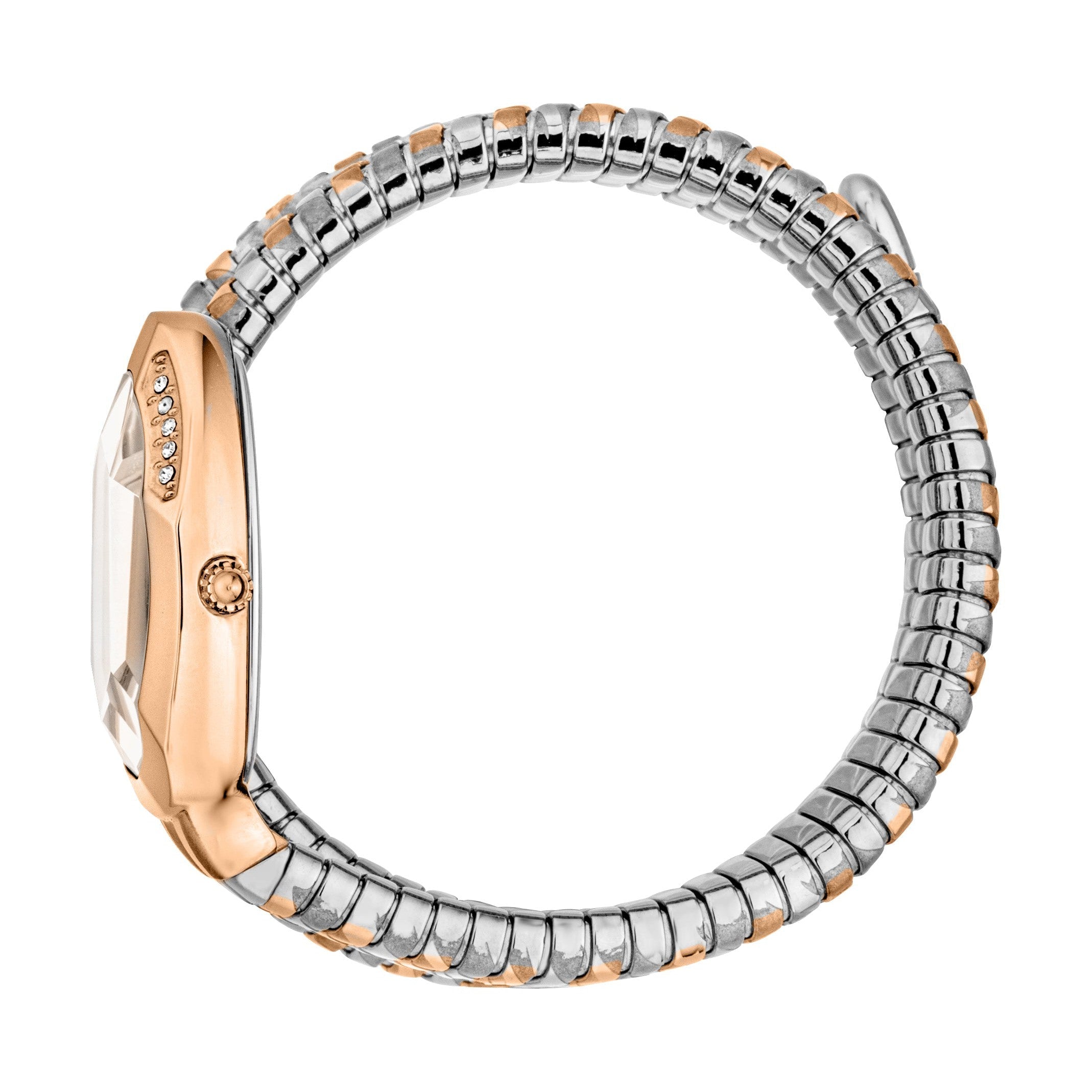 Side view of Just Cavalli Serpente Taglio with rose gold case and oval dial
