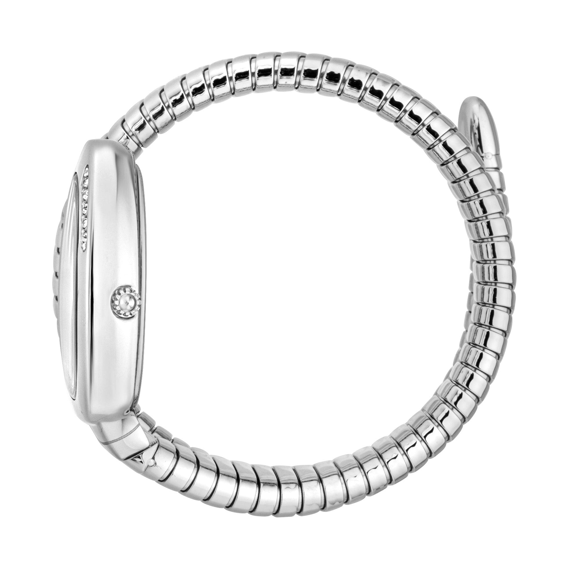 Just Cavalli Serpente watch side view showing oval case profile and segmented coiled metal strap