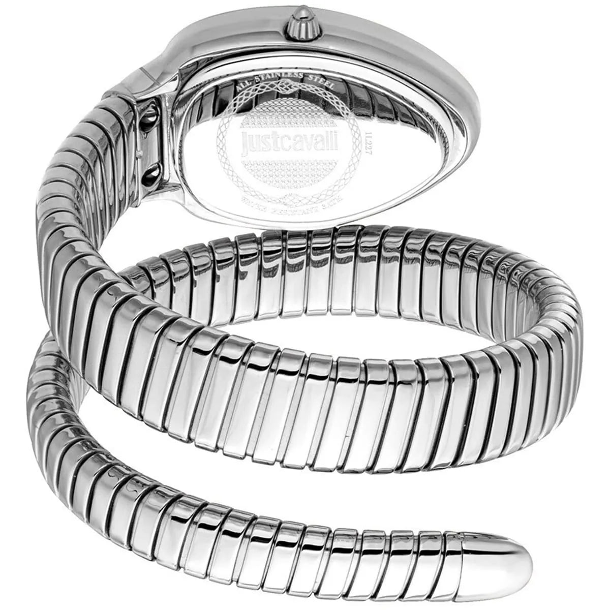 Just Cavalli Serpente watch showing side view of segmented snake-wrap bracelet and watch case