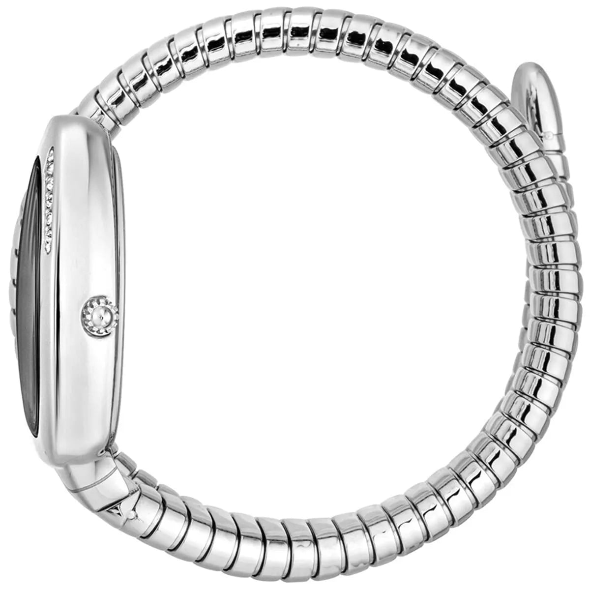 Just Cavalli Serpente watch worn on wrist with double-wrap silver snake bracelet