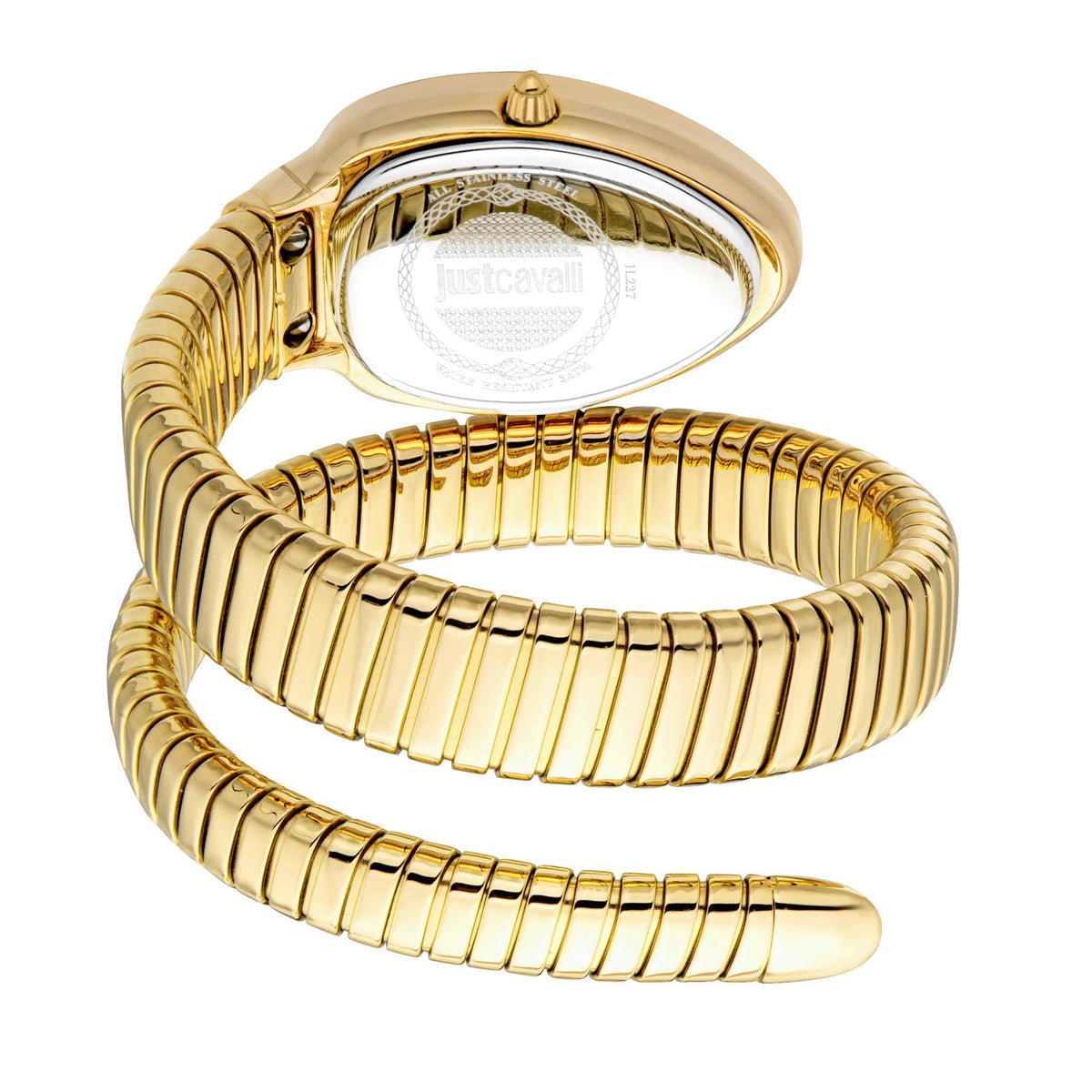 Serpente gold watch with wraparound snake strap showing dial and caseback