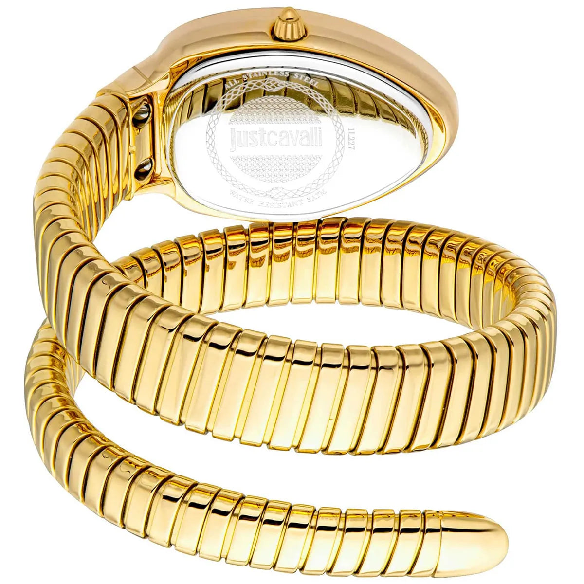 Just Cavalli Serpente watch case back and gold snake-shaped double-wrap bracelet detail view