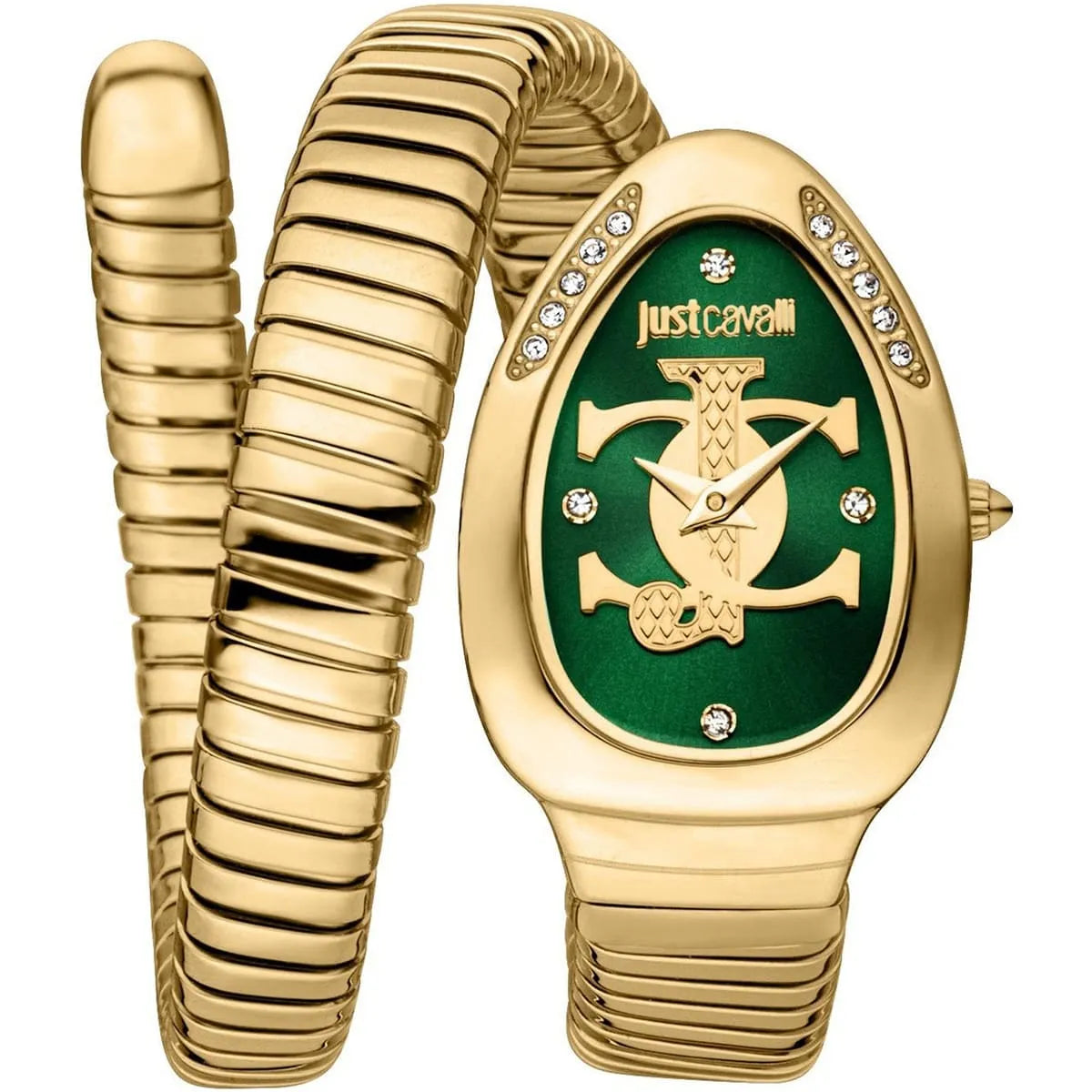 Just Cavalli Serpente women's watch with green dial, gold snake logo, gold stainless steel double-wrap bracelet and crystal details