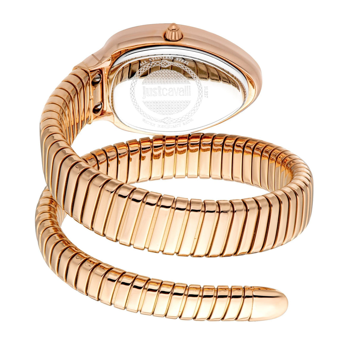 Rose gold watch displayed with coiled snake bracelet showing back of case