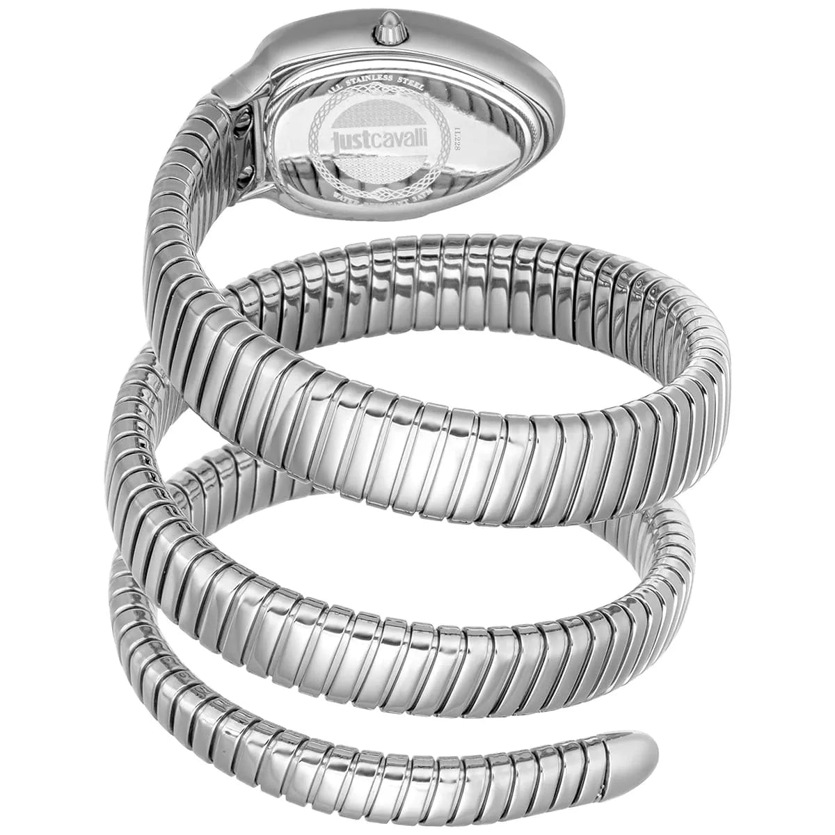 Just Cavalli Glam Chic women's watch triple wrap snake strap with silver case and dial detail