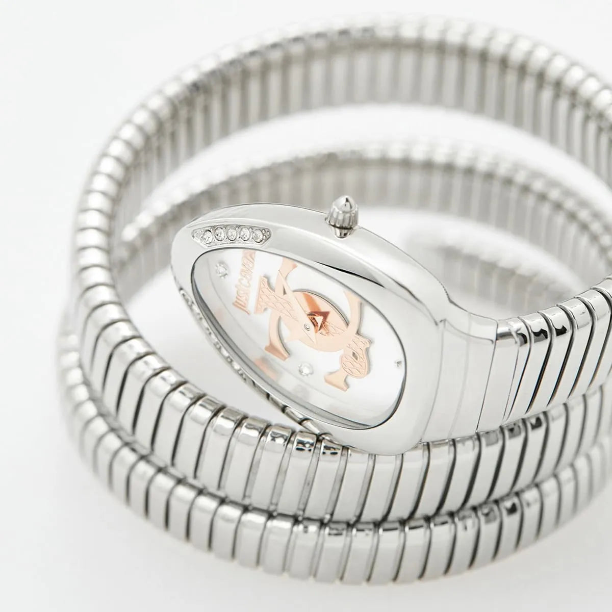 Just Cavalli Glam Chic watch dial detail showing orange JC logo, crystals, and silver dial face
