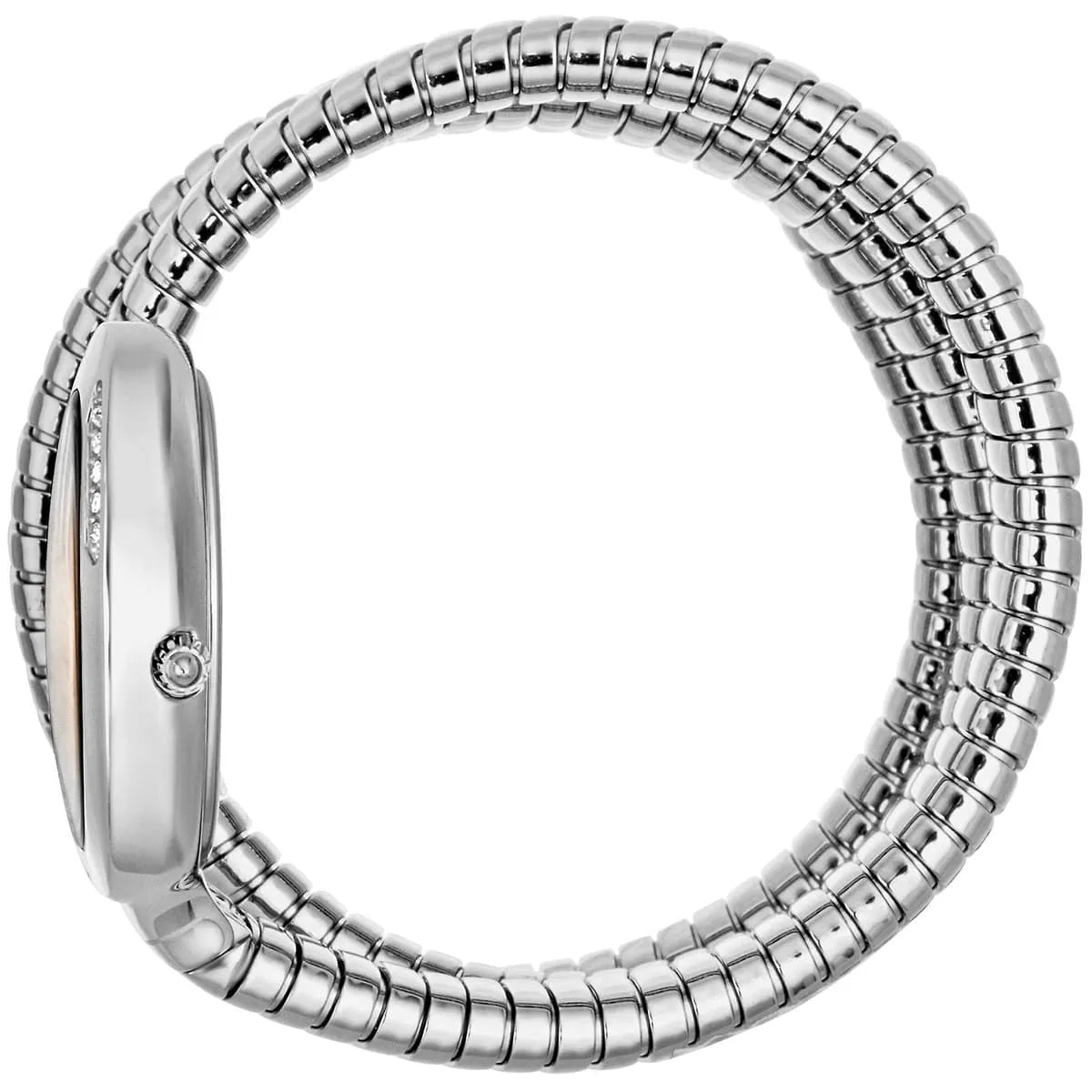Just Cavalli Glam Chic women's watch side view showing coiled snake strap and stainless steel case
