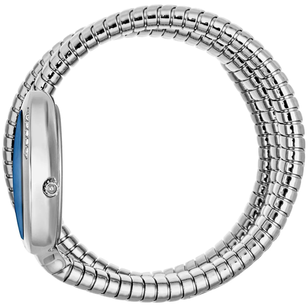 Just Cavalli Glam Chic watch side view showing blue dial and silver snake strap