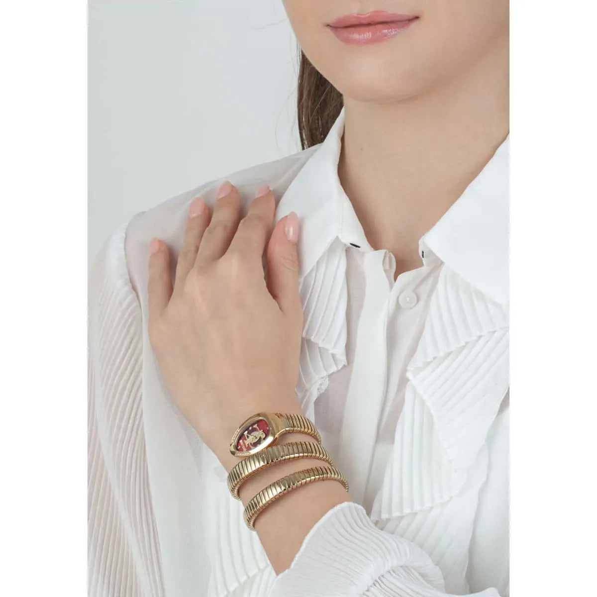 Just Cavalli Glam Evo 5 Red Dial Gold Steel Strap Women's Watch - JC1L228M0045